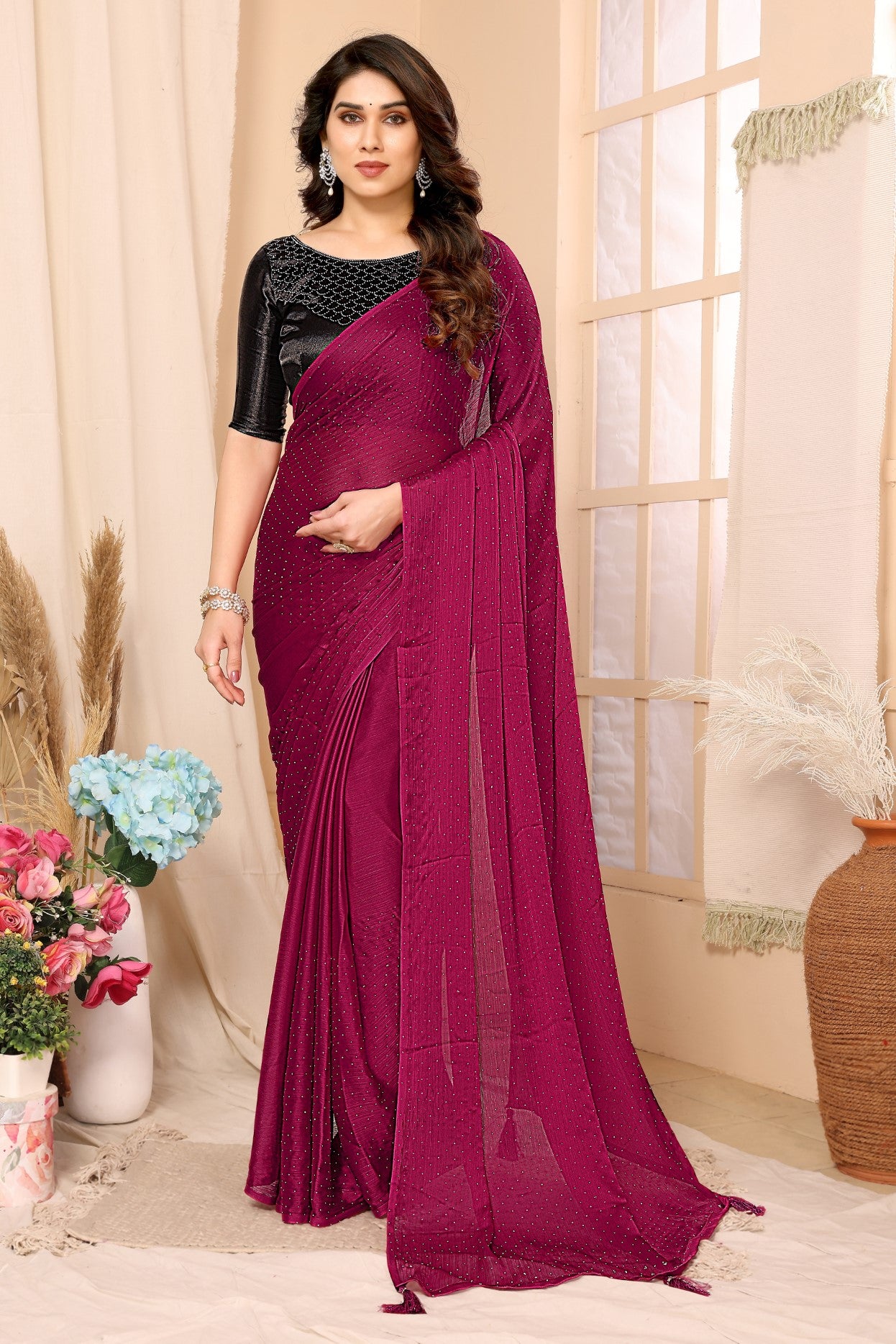 Pink Satin Chiffon Saree With Stone Work Saree And Stone Work Blouse