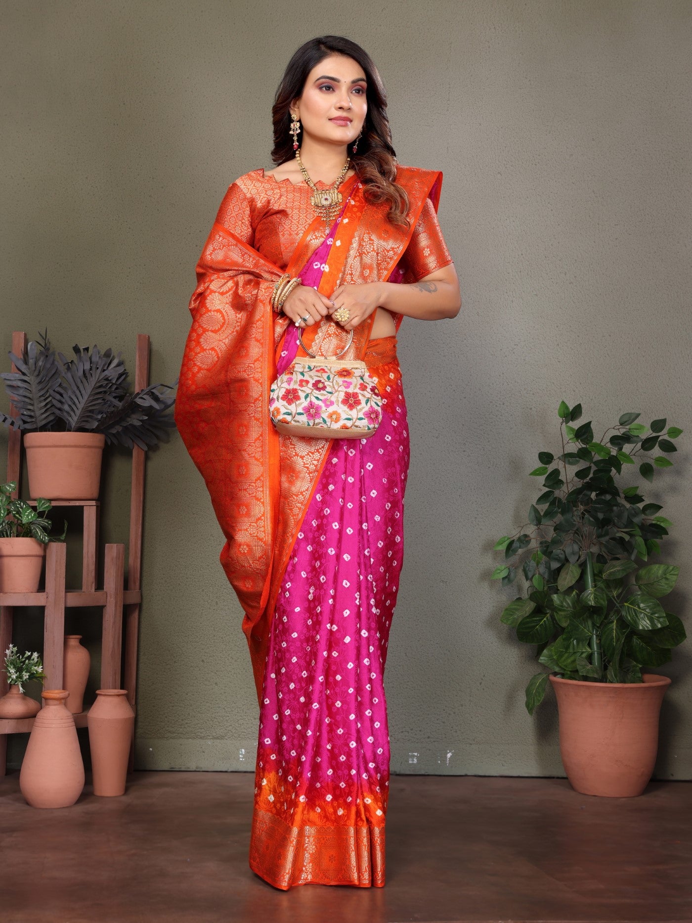 Pink Satin Silk Saree With Premium Bandhej Zari Weaving