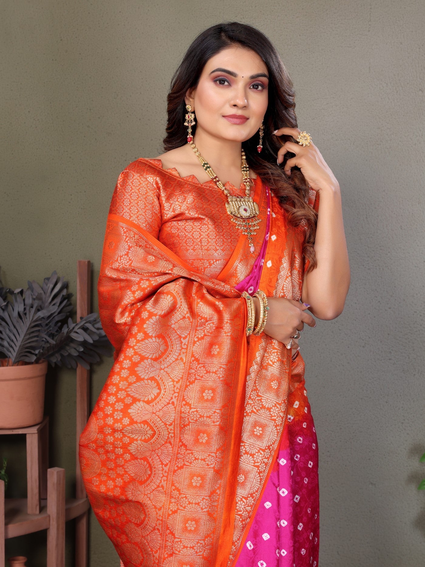 Pink Satin Silk Saree With Premium Bandhej Zari Weaving