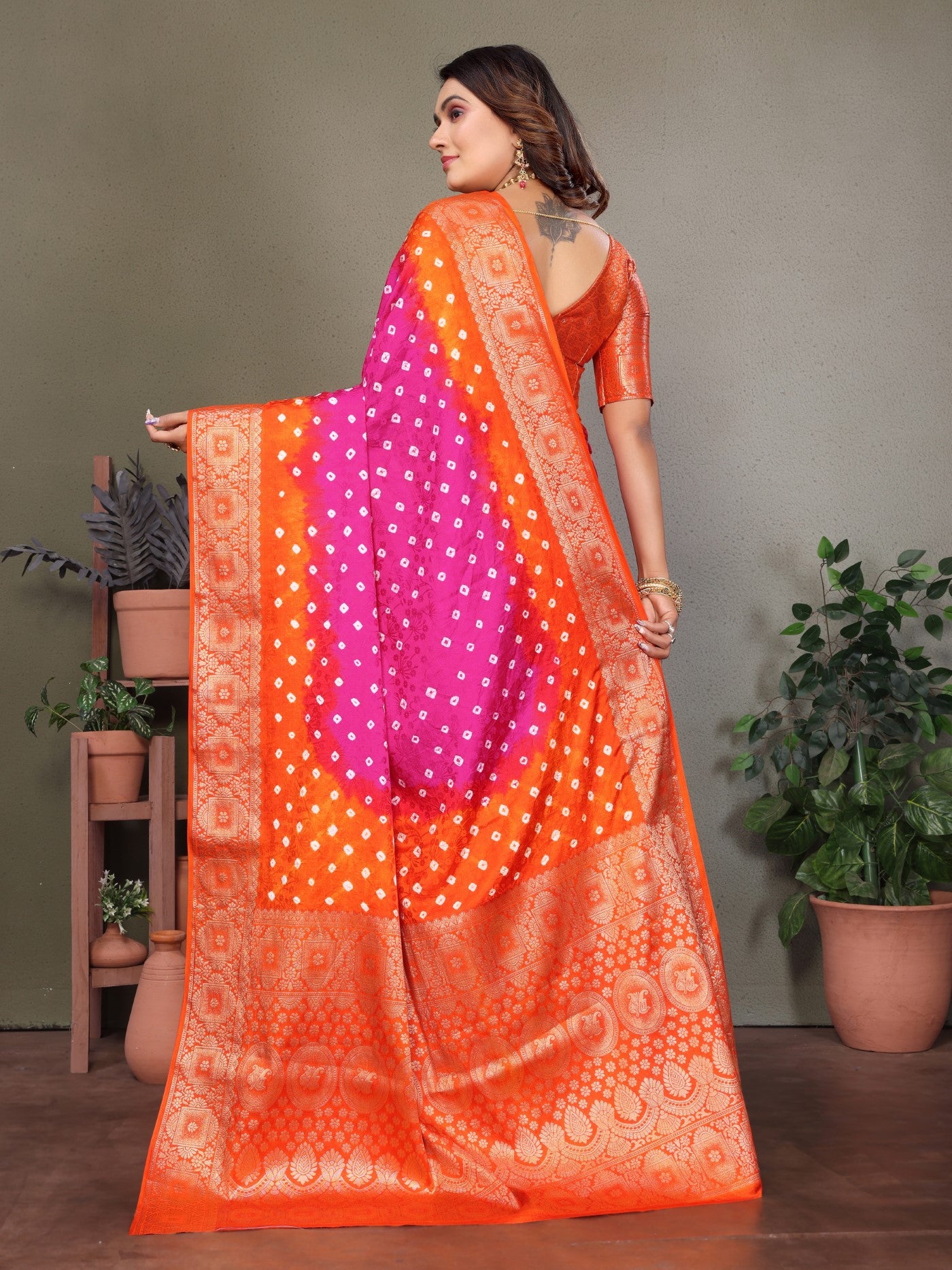 Pink Satin Silk Saree With Premium Bandhej Zari Weaving