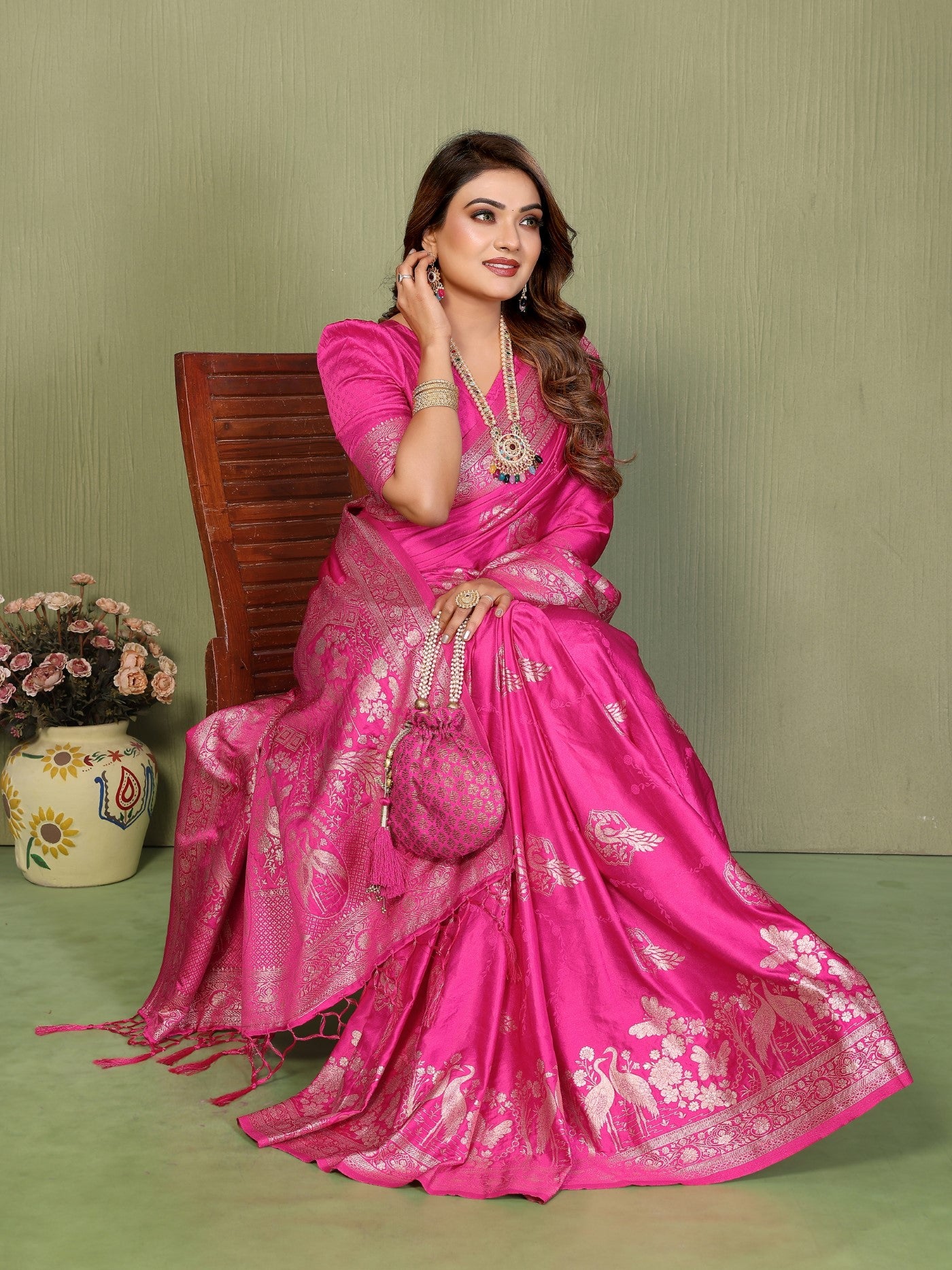 Pink Satin Silk Saree With Zari Weaving Butta