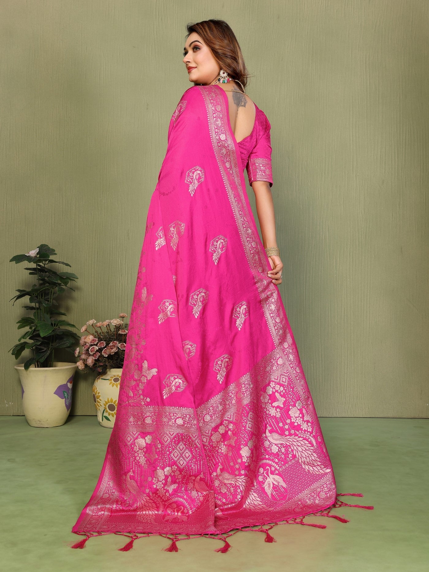 Pink Satin Silk Saree With Zari Weaving Butta