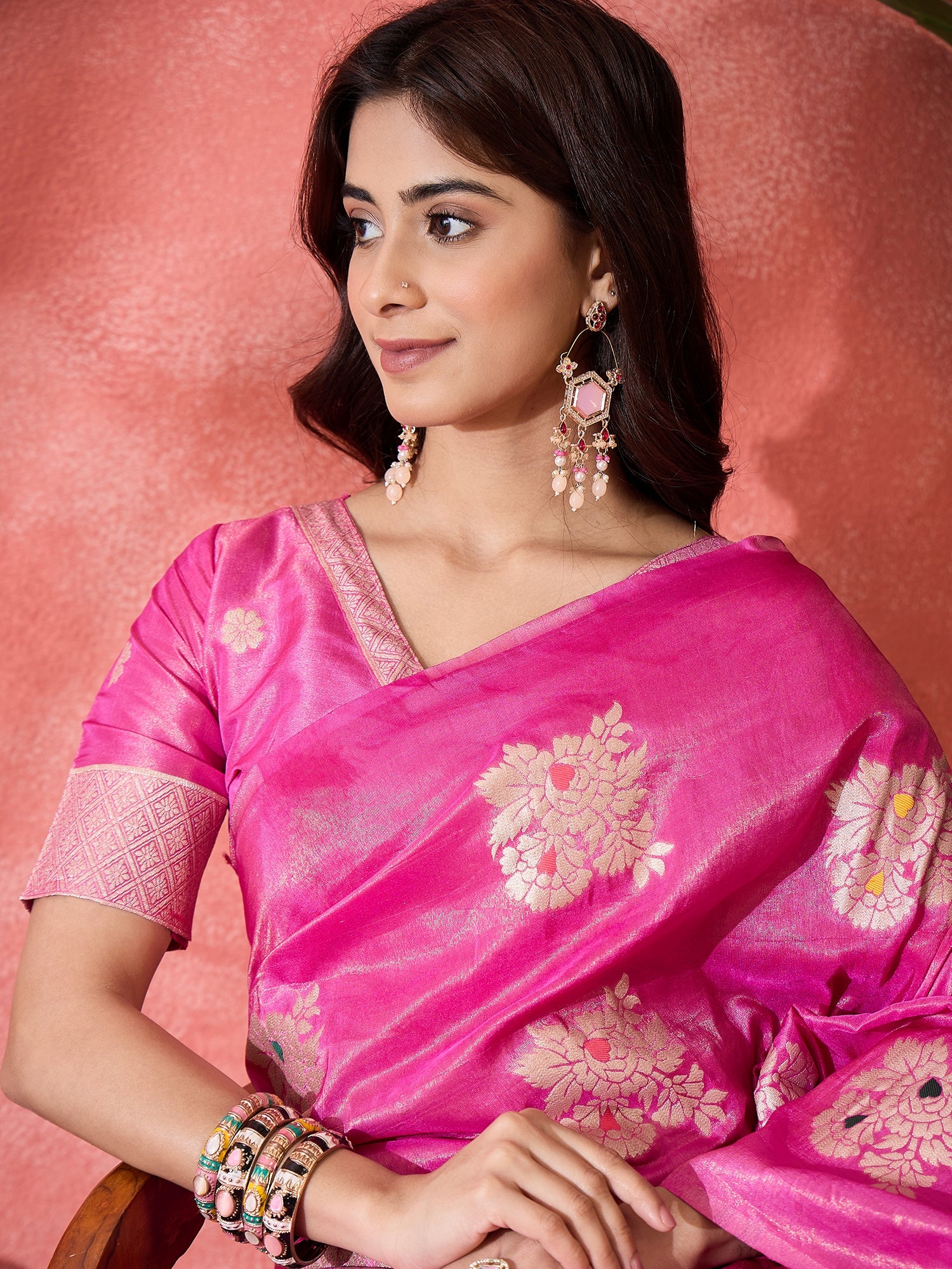 Pink Shimmer Silk Woven Jacquard Designer Traditional Partywear Saree