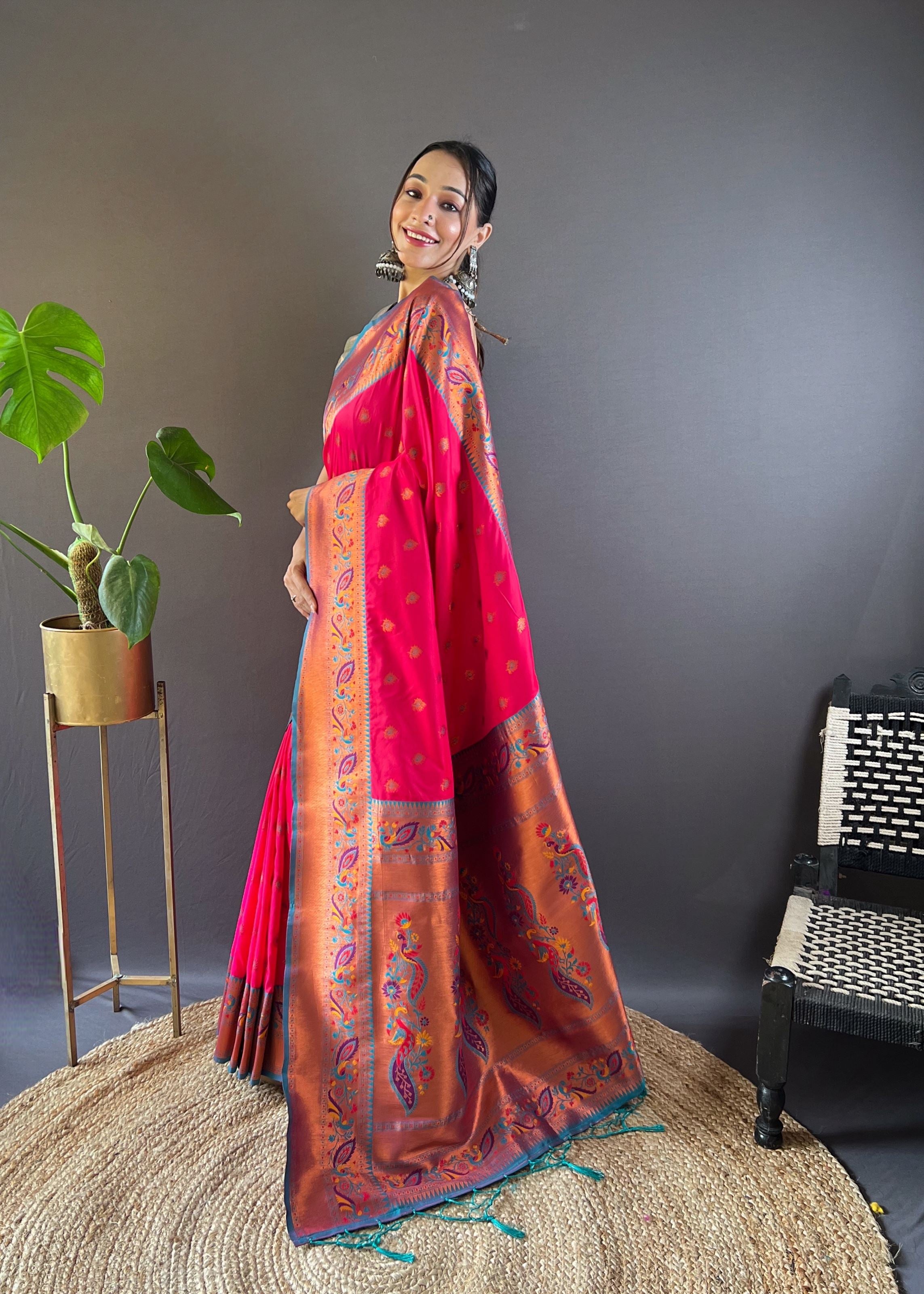 Pink Silk Blend Paithani Saree