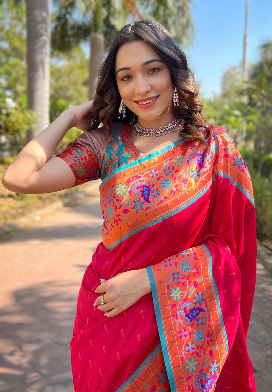 Pink Silk Blend Paithani Saree