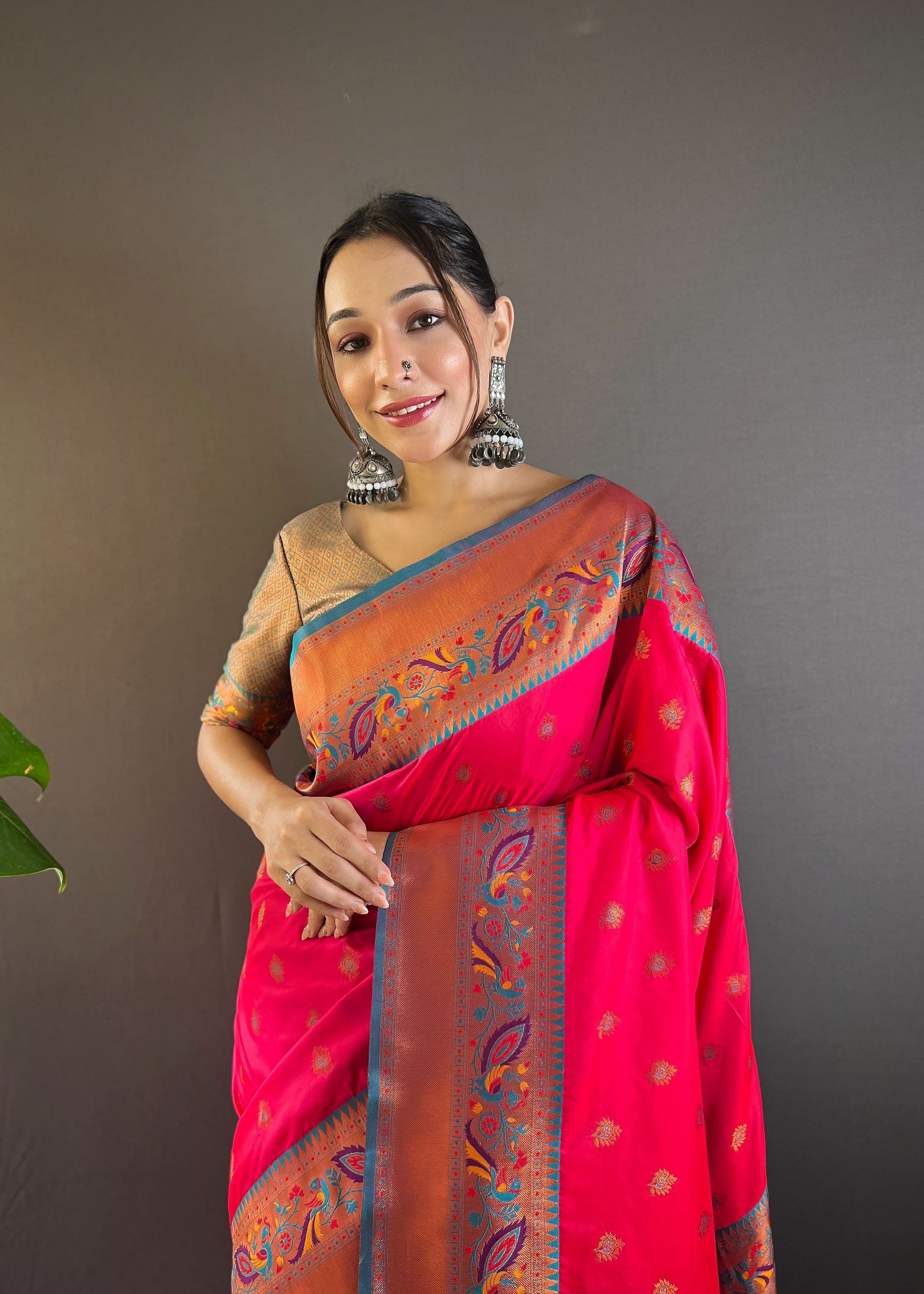 Pink Silk Blend Paithani Saree