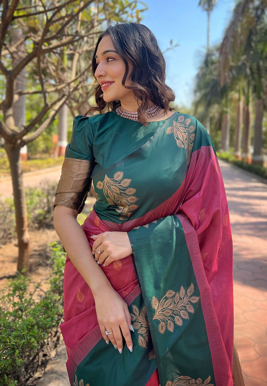 Pink Silk Blend Saree With Floral Border Zari Woven Work