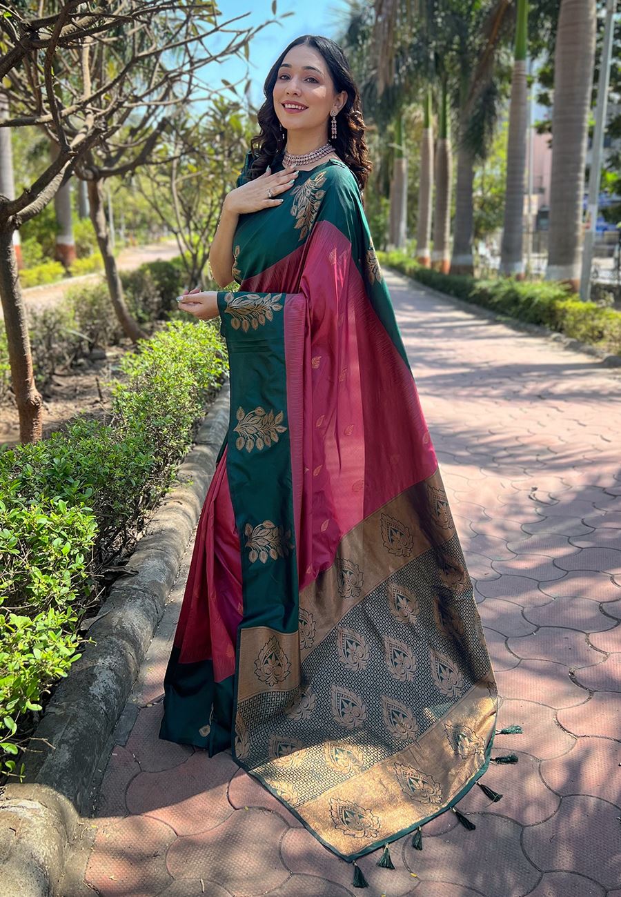 Pink Silk Blend Saree With Floral Border Zari Woven Work