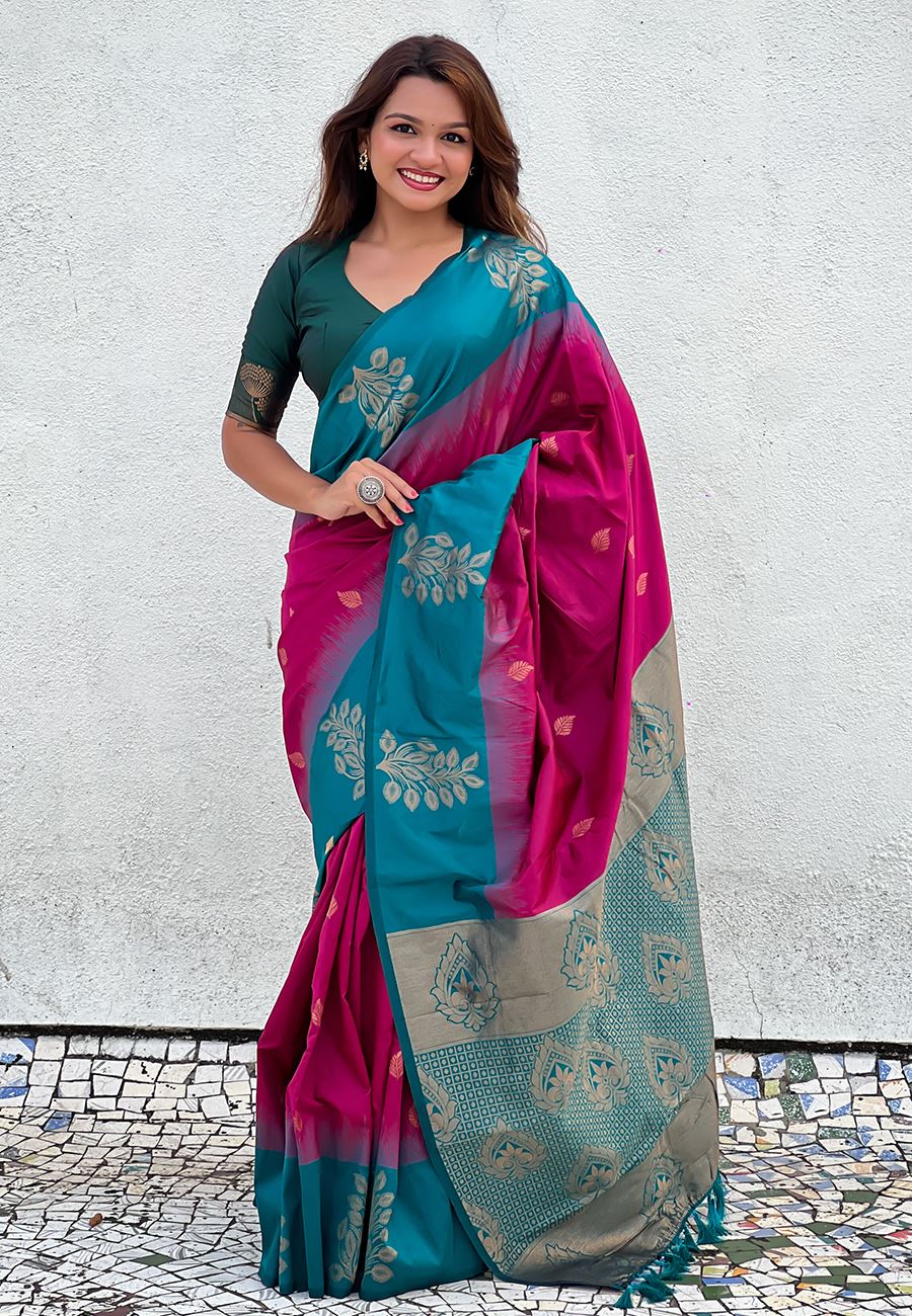 Pink Silk Blend Saree With Floral Border Zari Woven Work