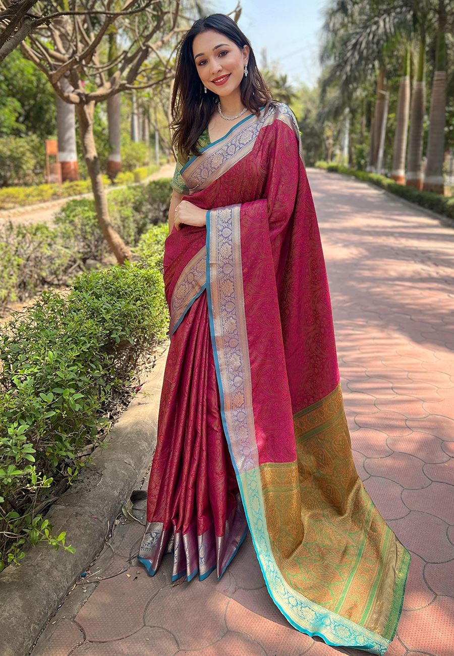 Pink Silk Blend Saree With Zari and Woven Work