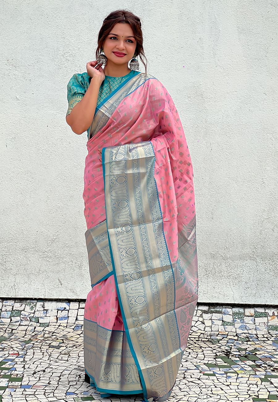 Pink Silk Blend  South Indian Kanchipuram Saree