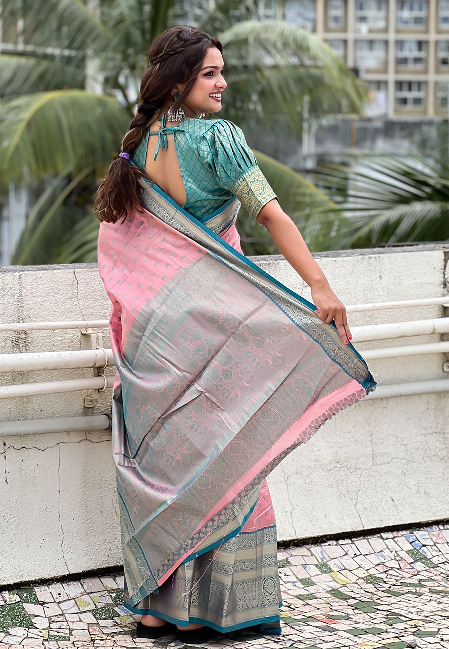 Pink Silk Blend  South Indian Kanchipuram Saree