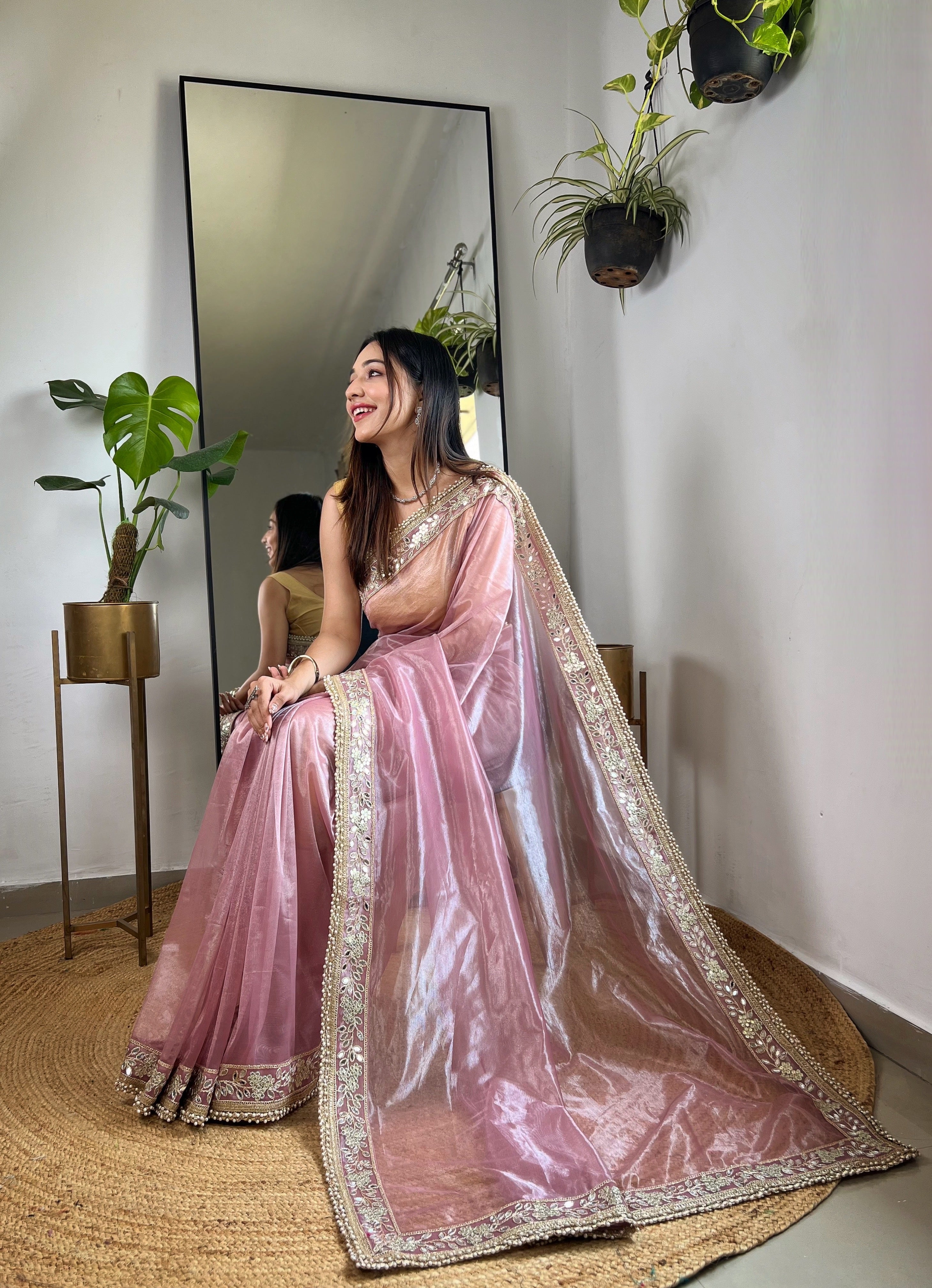 Pink Silver Tissue Silk Beautiful Sequins And Jari Embroidery Work Saree