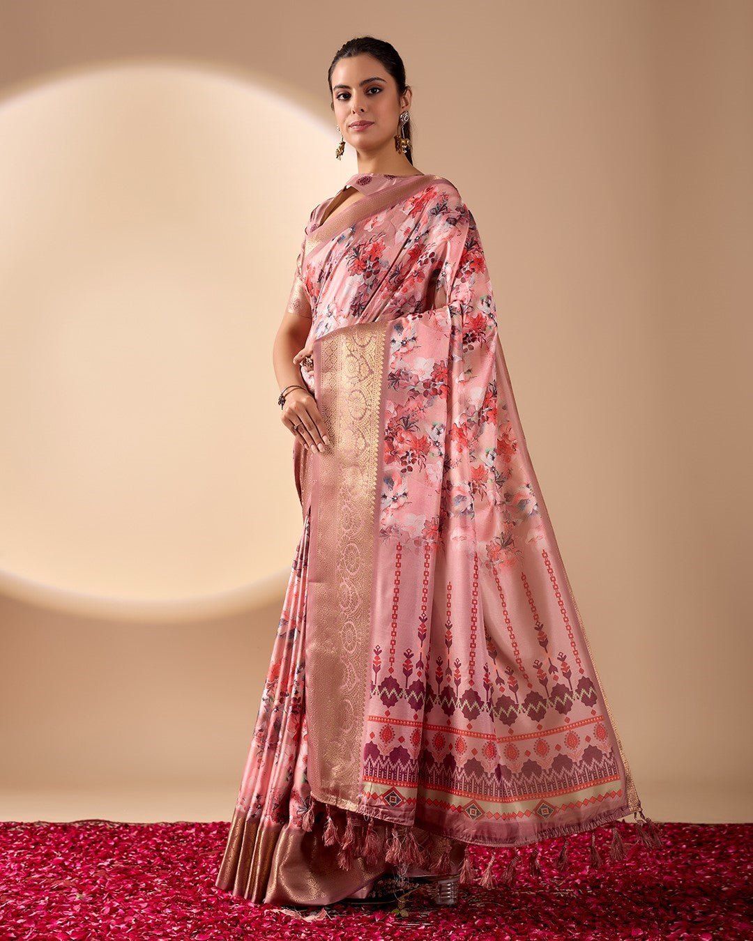 Pink Soft Lichi Silk Saree With Digital Printed Elegant Designer Saree