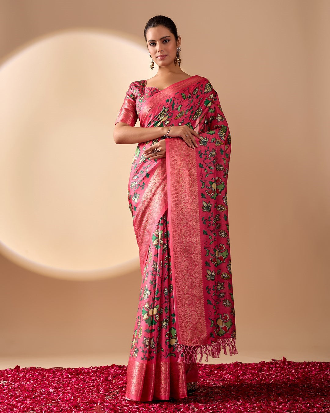 Pink Soft Lichi Silk Saree With Digital Printed Festive Designer Saree