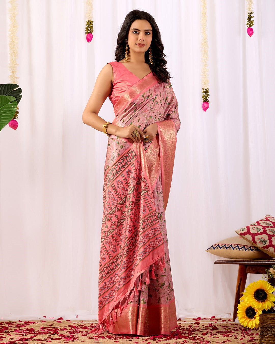 Pink Soft Lichi Silk Saree With Digital Printed Festive Premium Saree