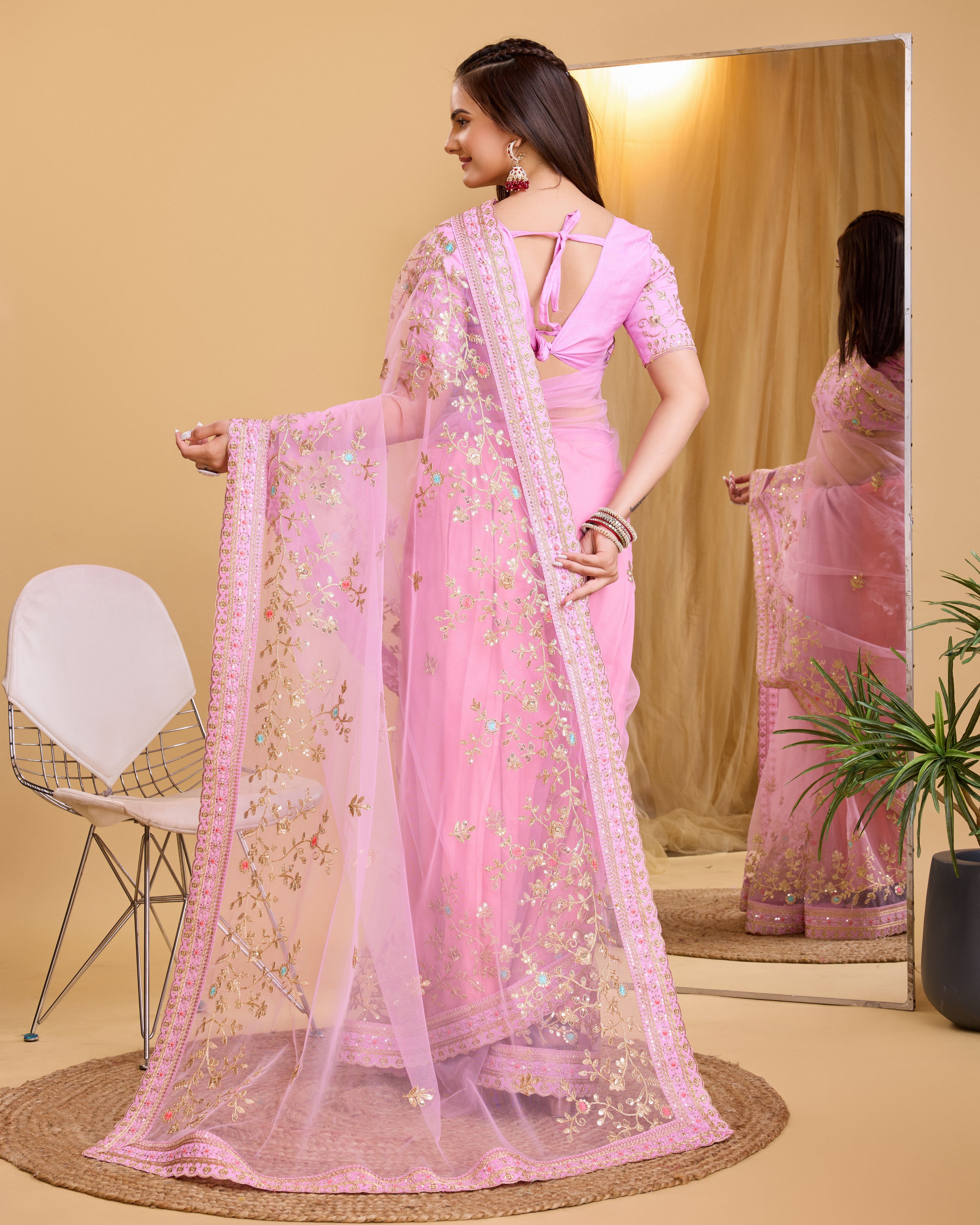 Pink Soft Net Designer Embroidery Work Bollywood Style Saree