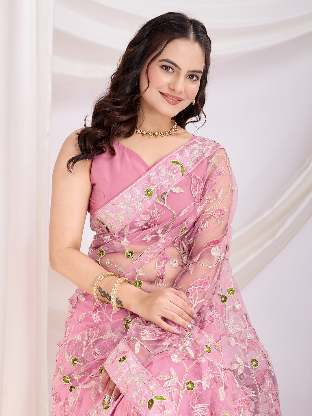 Pink Soft Net Designer Thread Embroidery Work Girlie Partywear Saree