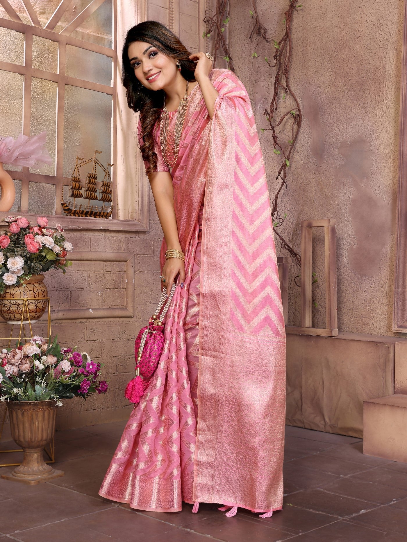 Pink Soft Organza Silk Saree With Elegant Weaving