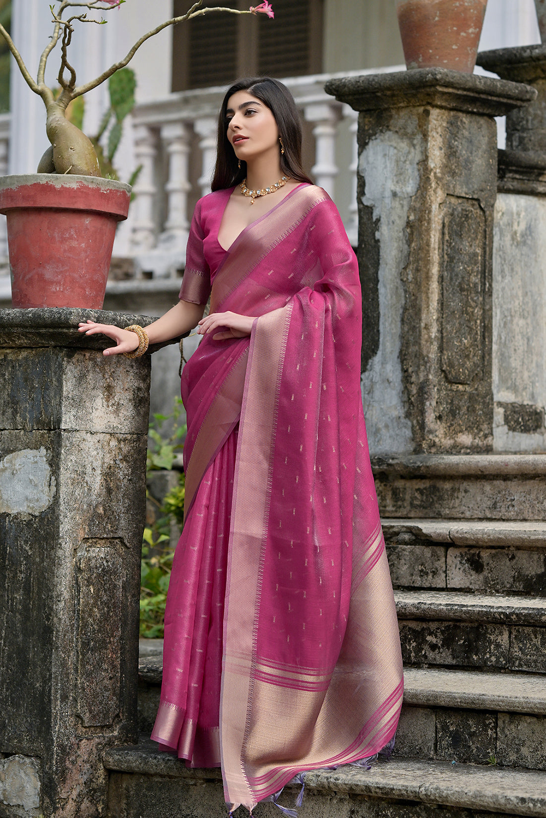 Pink Soft Tussar Silk Saree with Butti and Zari Pallu