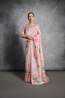 Pink Soft Tussar Silk Saree with Print and Small Zari Border