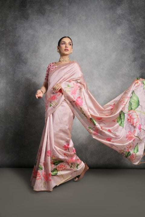 Pink Soft Tussar Silk Saree with Print and Small Zari Border