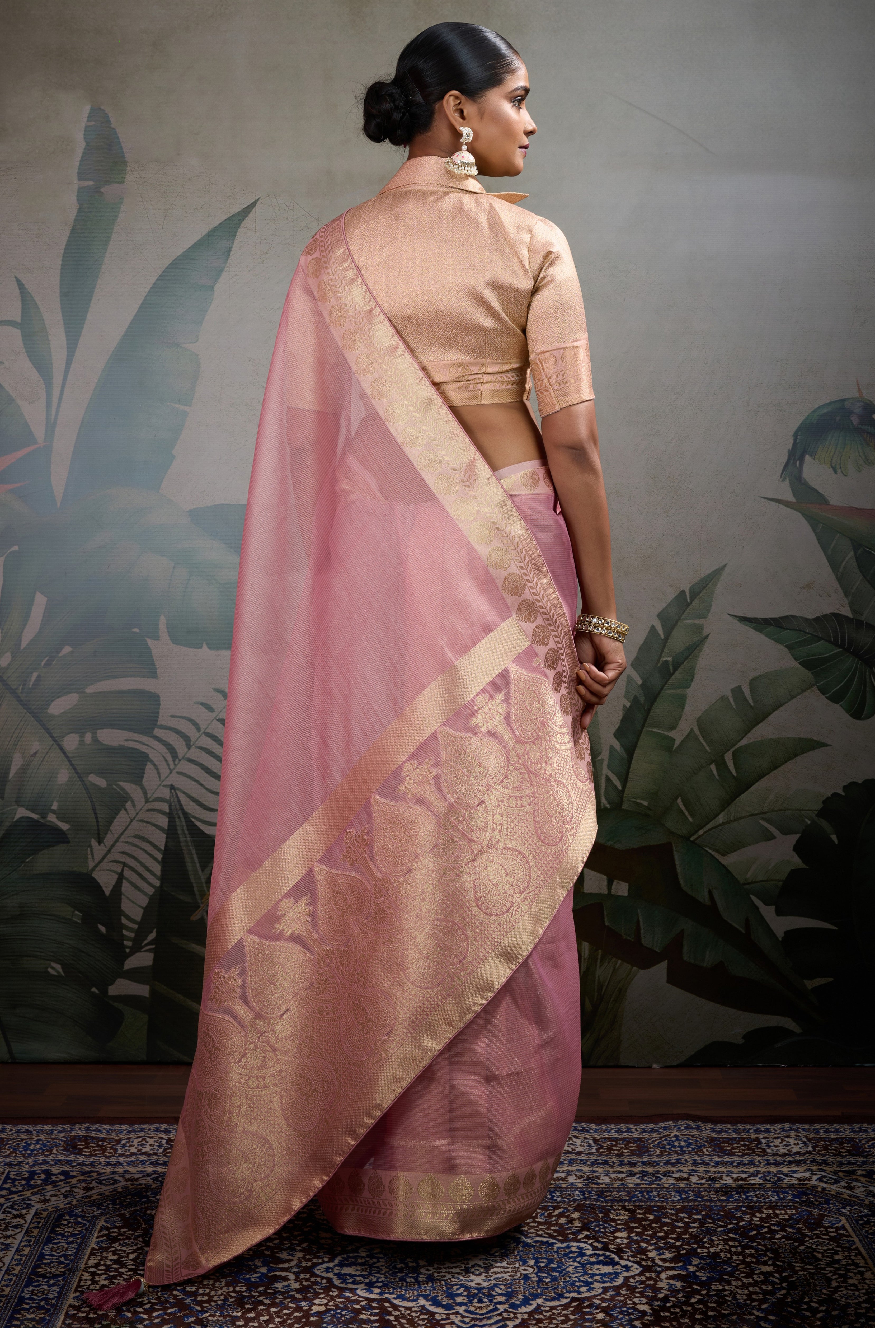 Pink Tissue Saree with Woven Patta Work