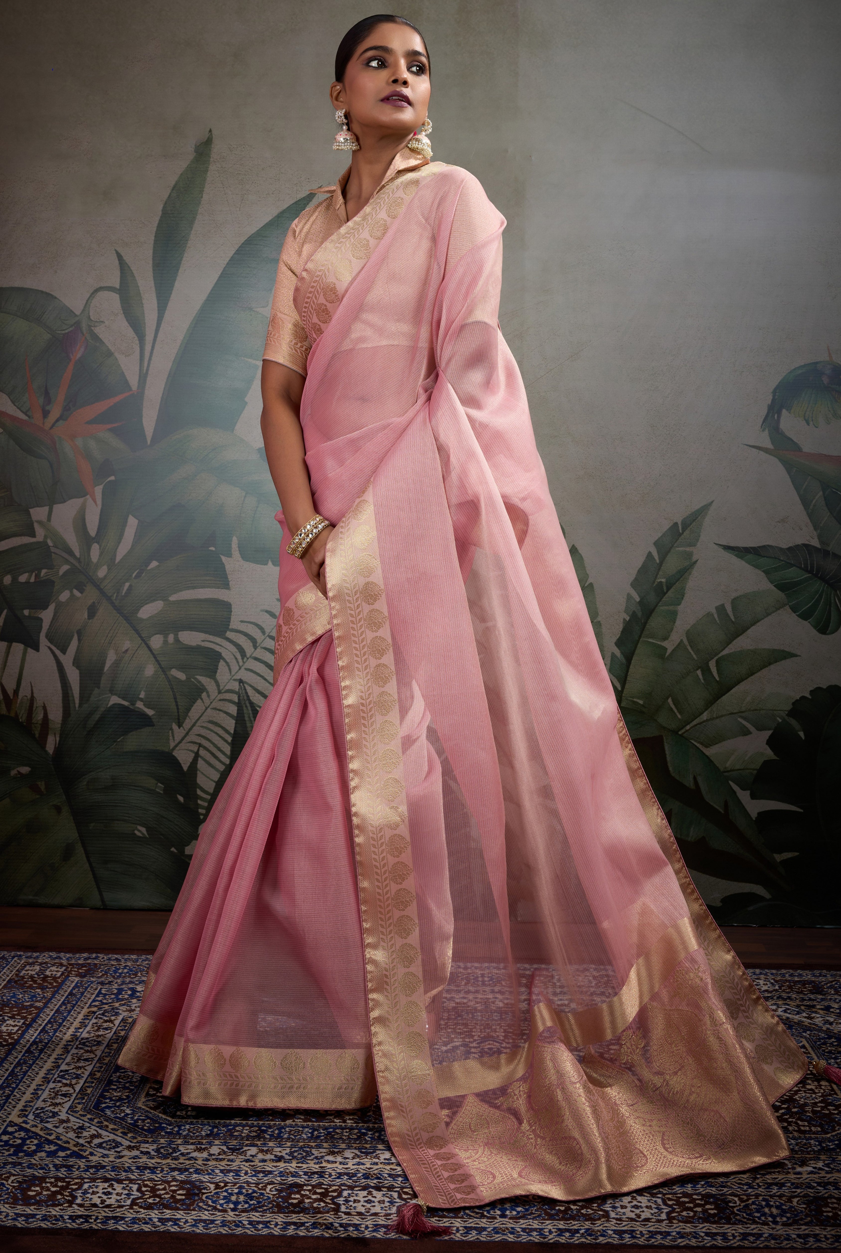 Pink Tissue Saree with Woven Patta Work