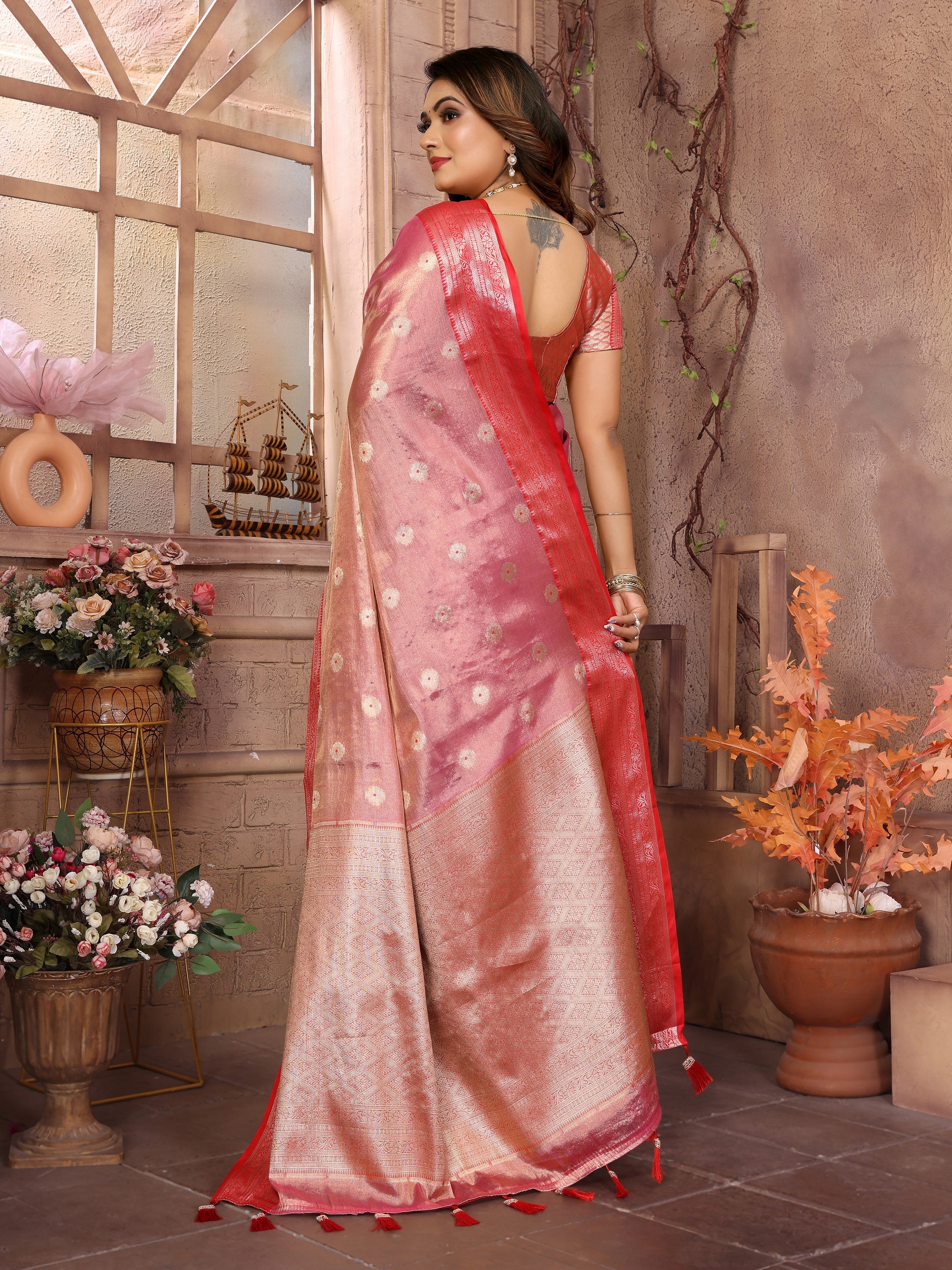 Pink Tissue Silk Ethnic Saree With Woven Handloom Designer