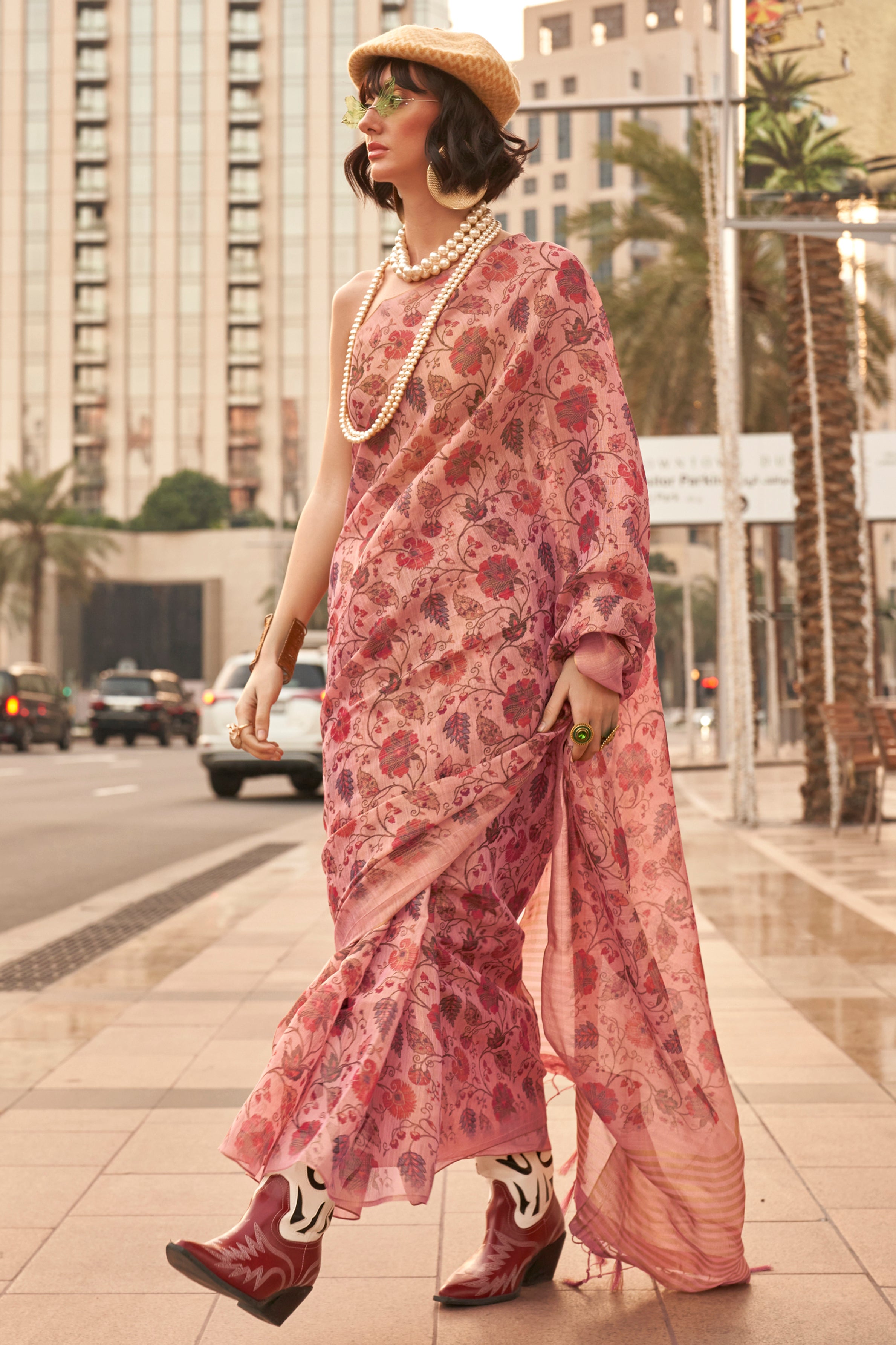 Pink Tissue Silk Saree With  Printed