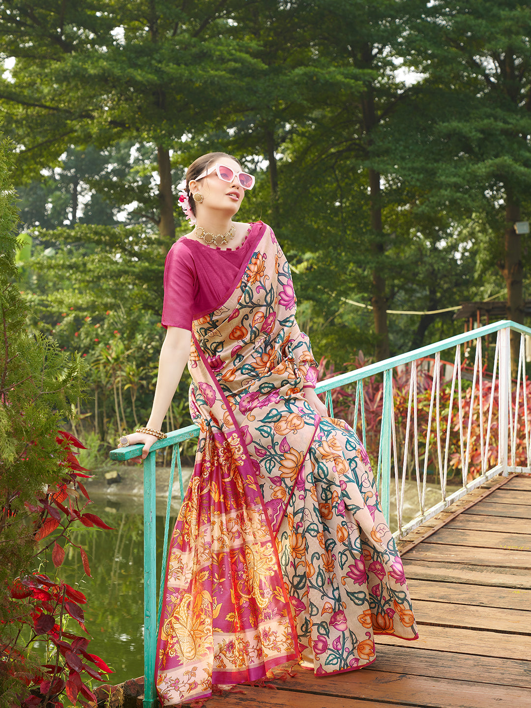 Pink Tussar Silk Designer Kalamkari Printed Traditional Ethnic Indian Saree