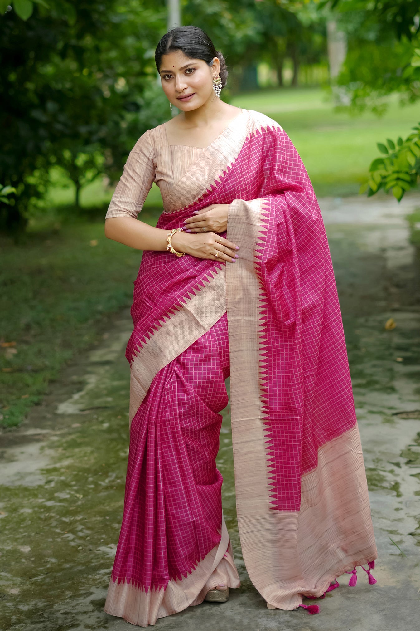 Pink Tussar Silk Saree with Checks and Contrast Pallu