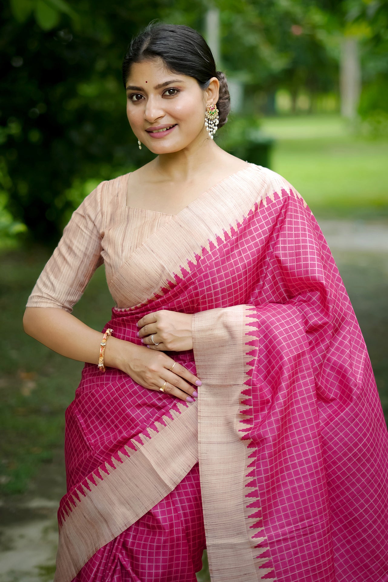 Pink Tussar Silk Saree with Checks and Contrast Pallu