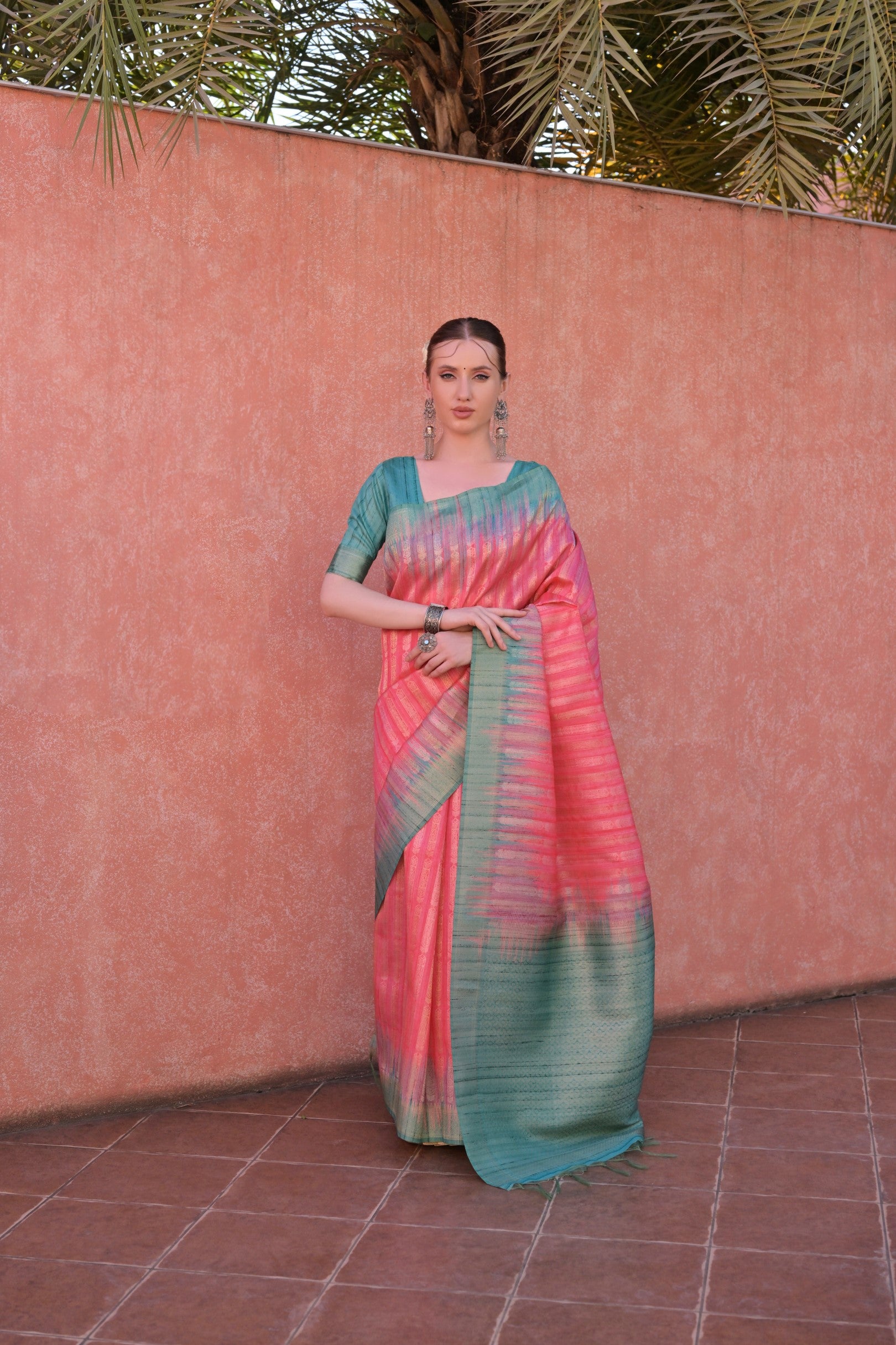 Pink Tussar Silk Saree with Ethnic Motifs and Contrast Pallu
