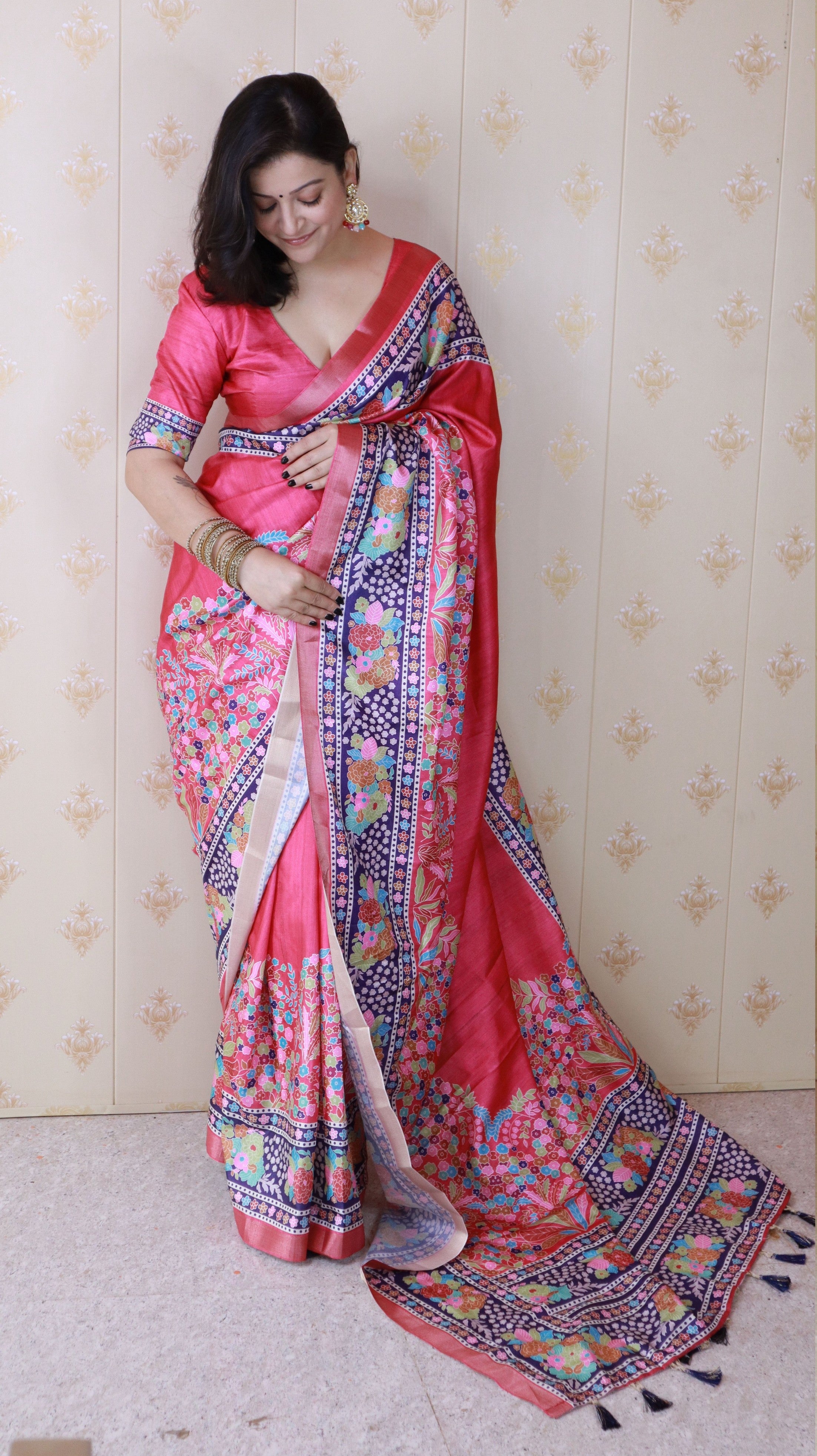 Pink Tussar Silk Woven Jari Designer With Printed Elegant Party Saree