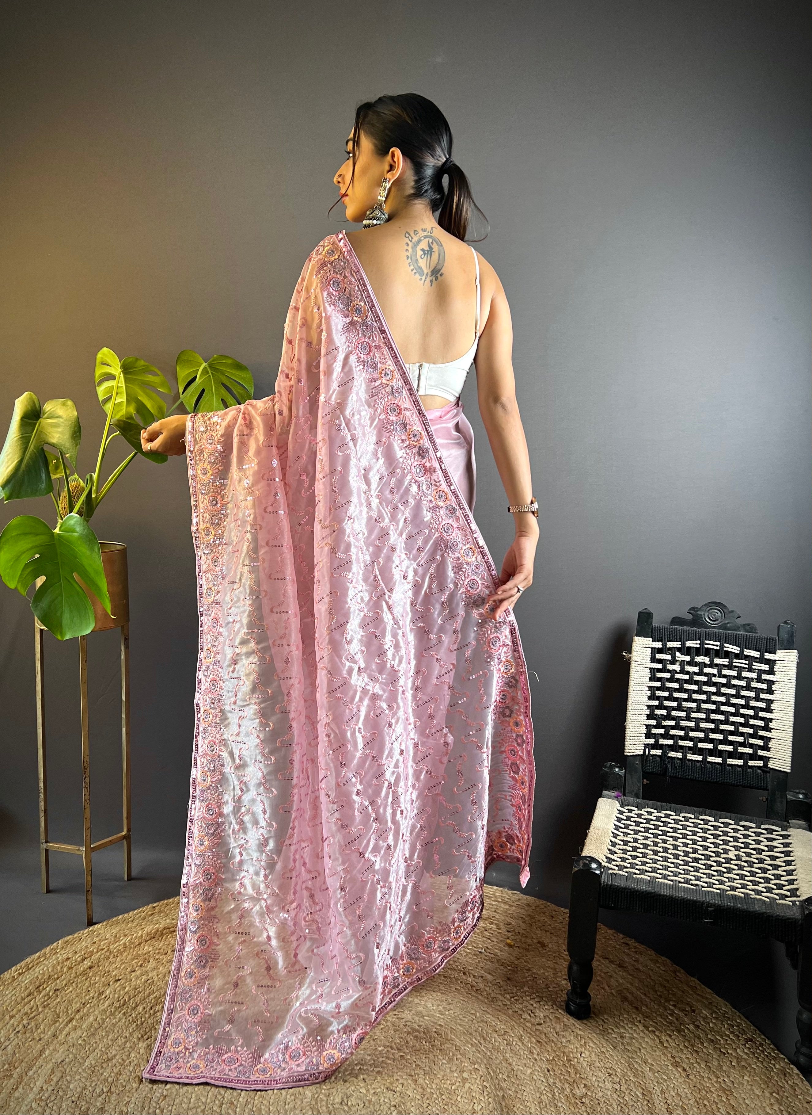Pink Twill Net Fabric Designer Girlie Saree With Trendy Embroidered Saree