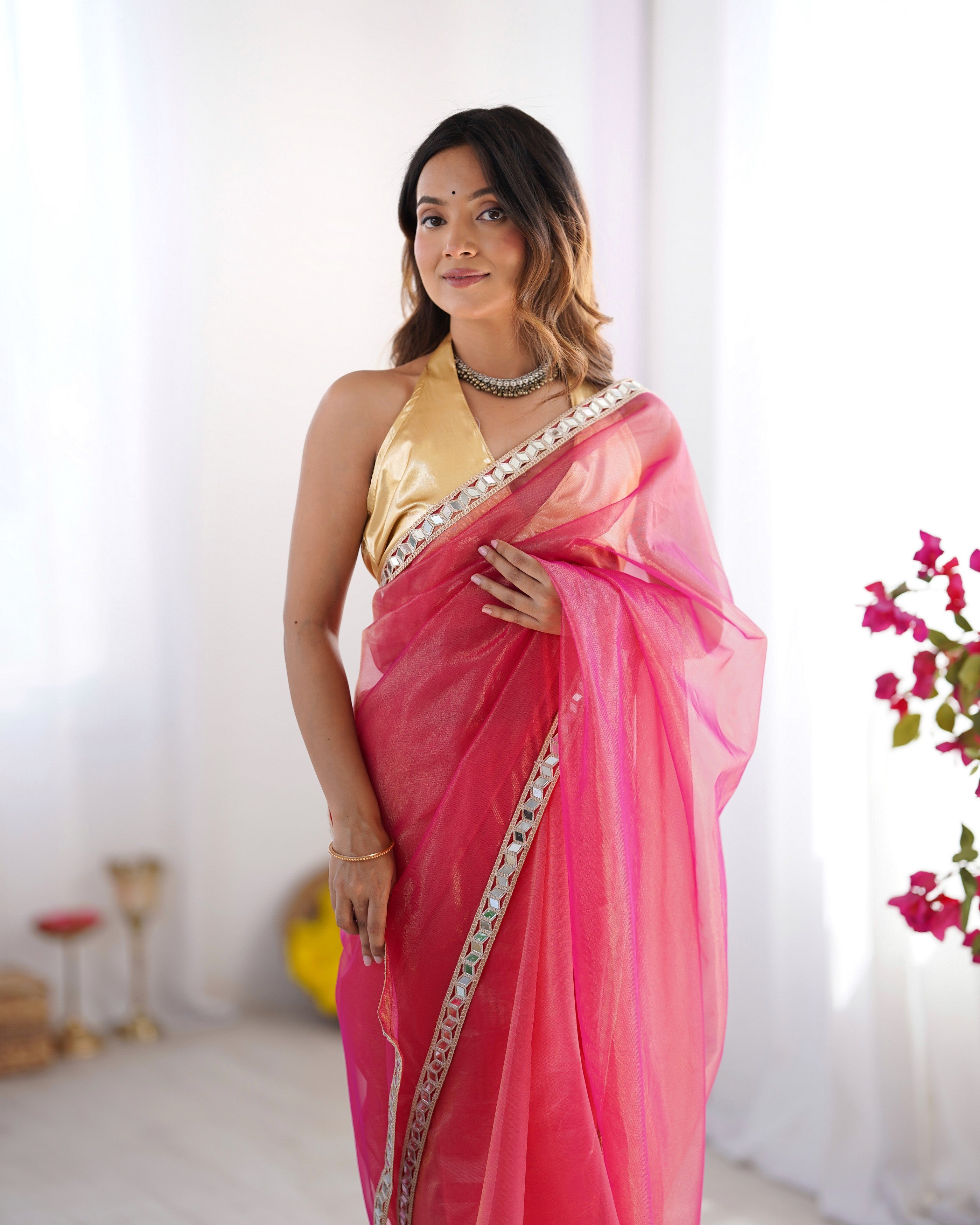 Pink Twill Net Solid Designer With Lace Border Bollywood Style Saree