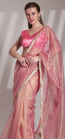 Pink Twill Net Solid Fancy Designer Bollywood Style Saree