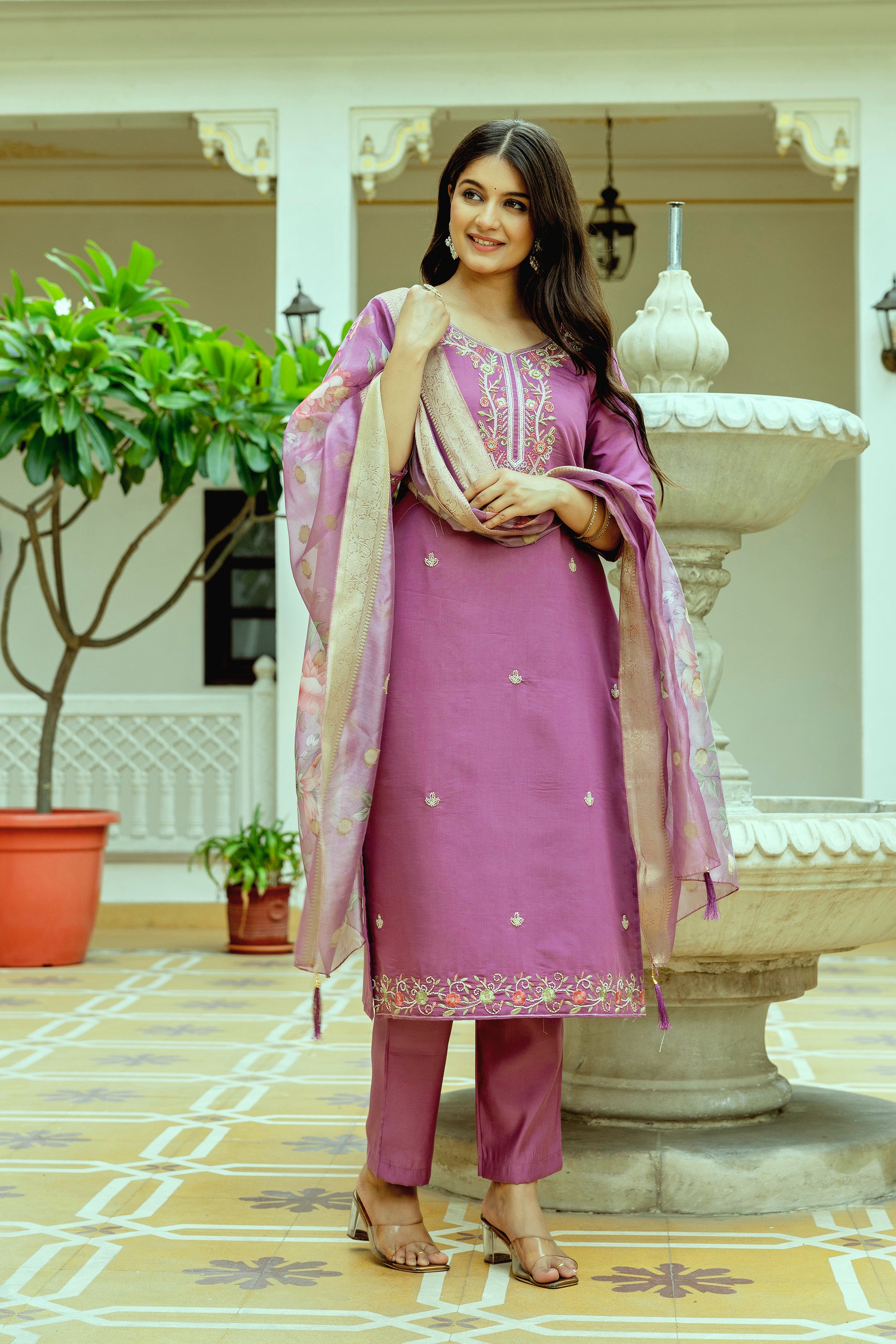 Pink Viscose Chanderi Silk Kurta Pant Set With Thread Embroidered With Beads Work With Printed Dupatta