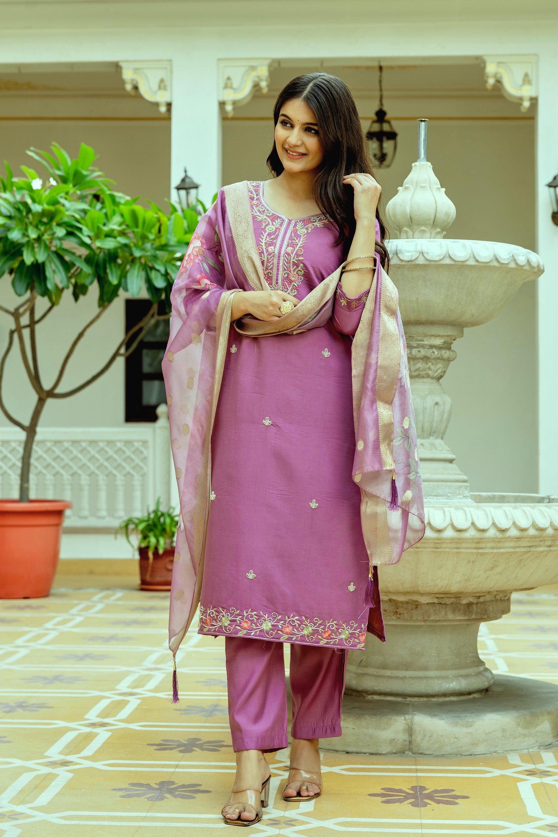 Pink Viscose Chanderi Silk Kurta Pant Set With Thread Embroidered With Beads Work With Printed Dupatta