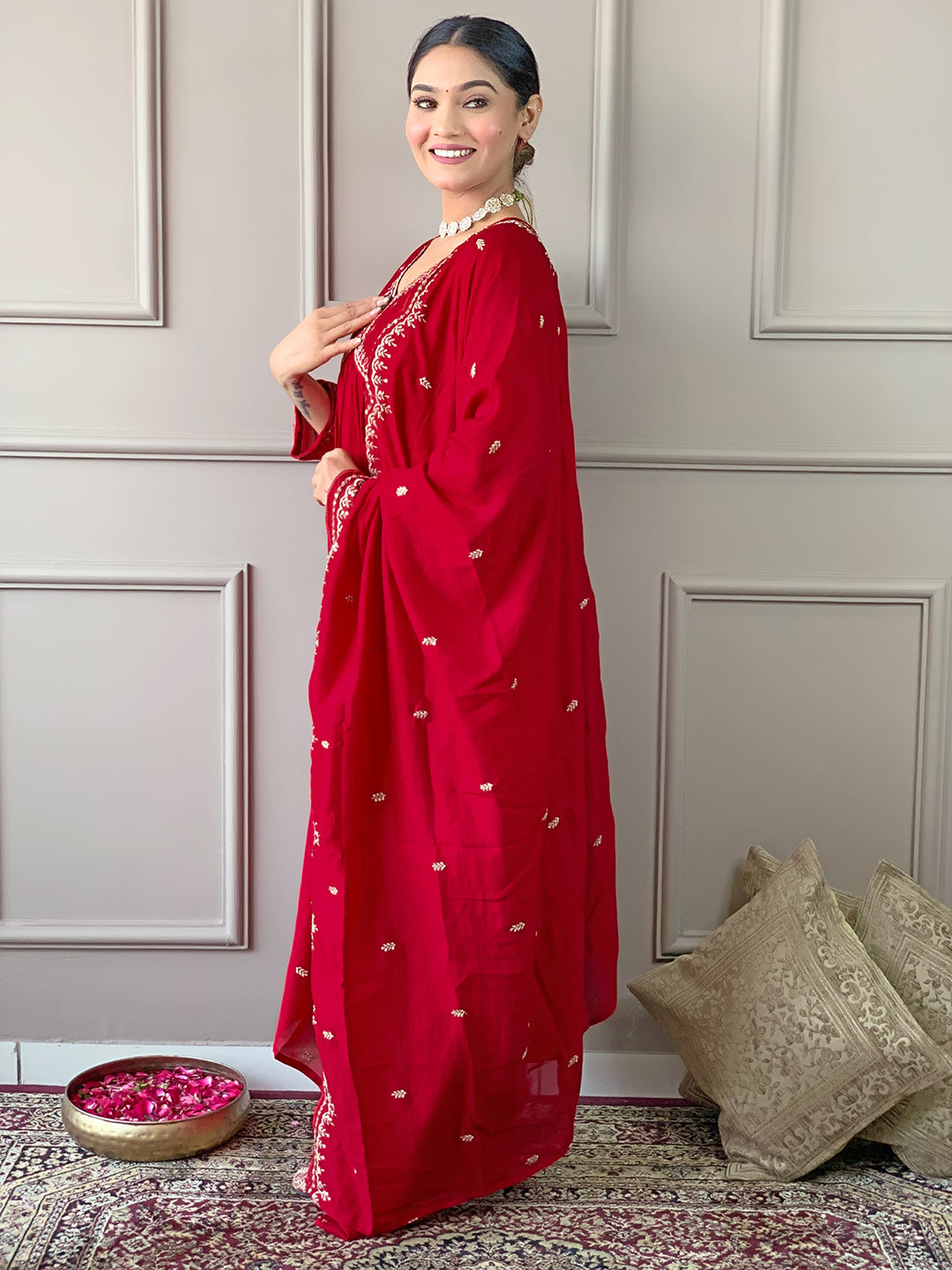 Pink Viscose Elegant Kurta Pant Set With Embroidery Work