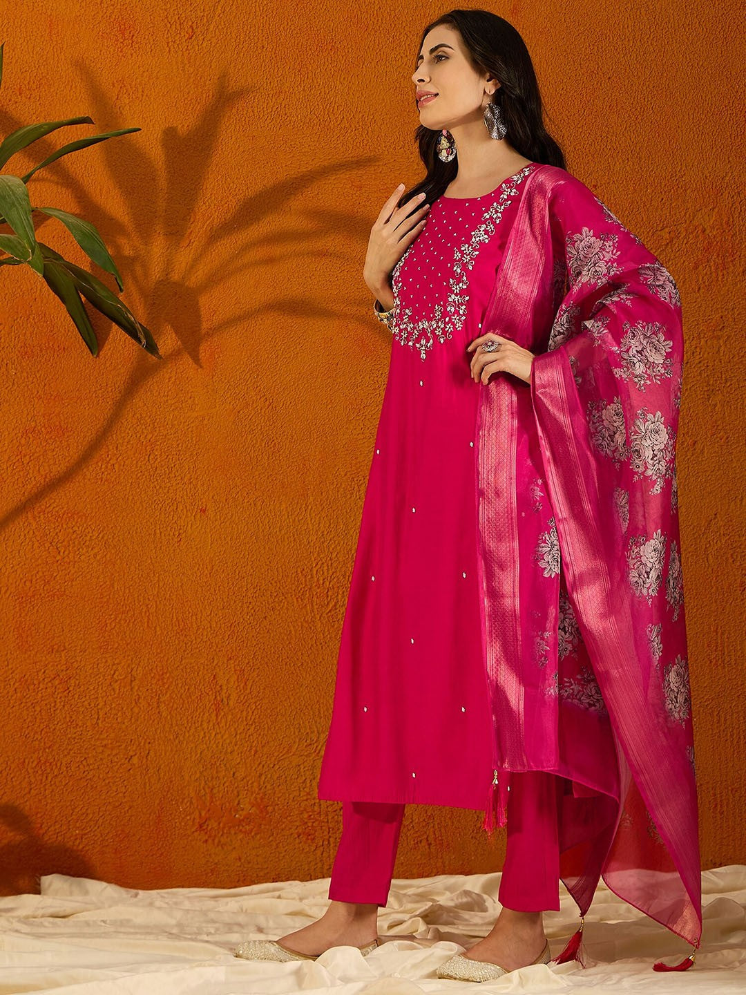 Pink Viscose Rayon Elegant Kurta Pant Set With Embroidery Work