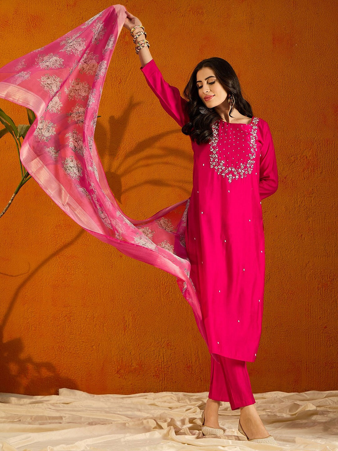 Pink Viscose Rayon Elegant Kurta Pant Set With Embroidery Work
