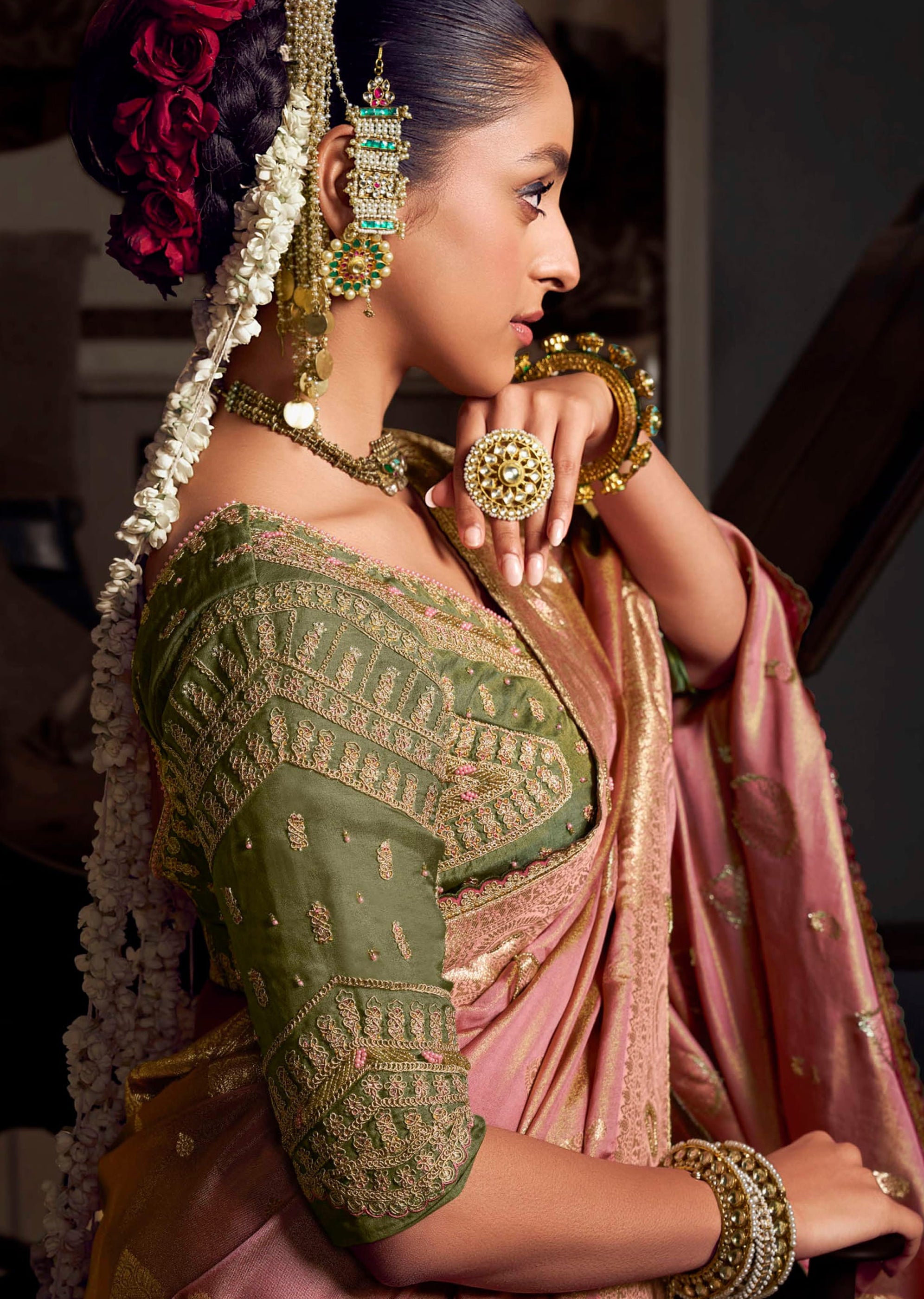 Pink Viscose Tissue Saree with Hand Work and Embroidered Blouse
