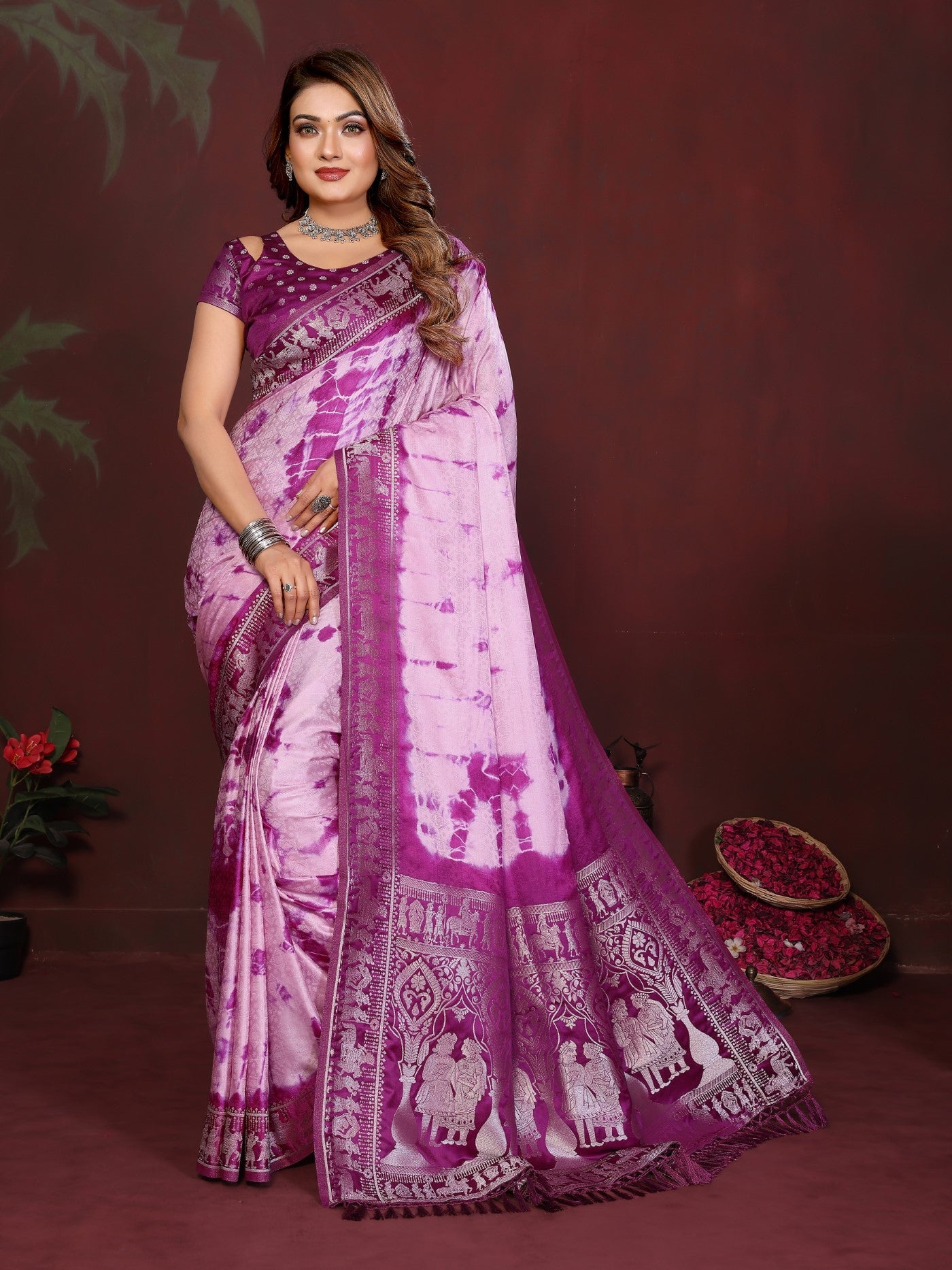 Pink Wine Soft Satin Silk Saree With Sibory Zari Weaving