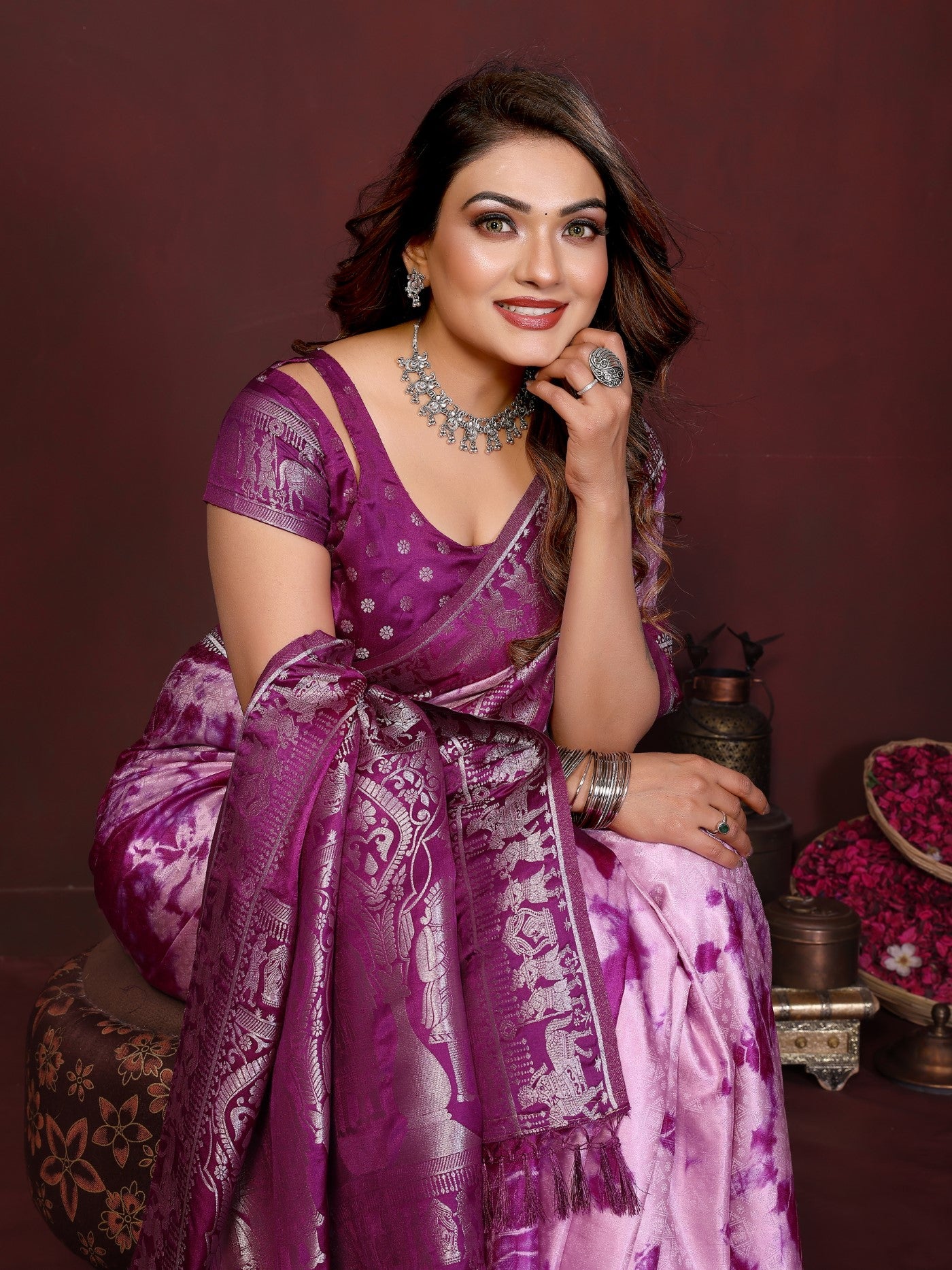 Pink Wine Soft Satin Silk Saree With Sibory Zari Weaving