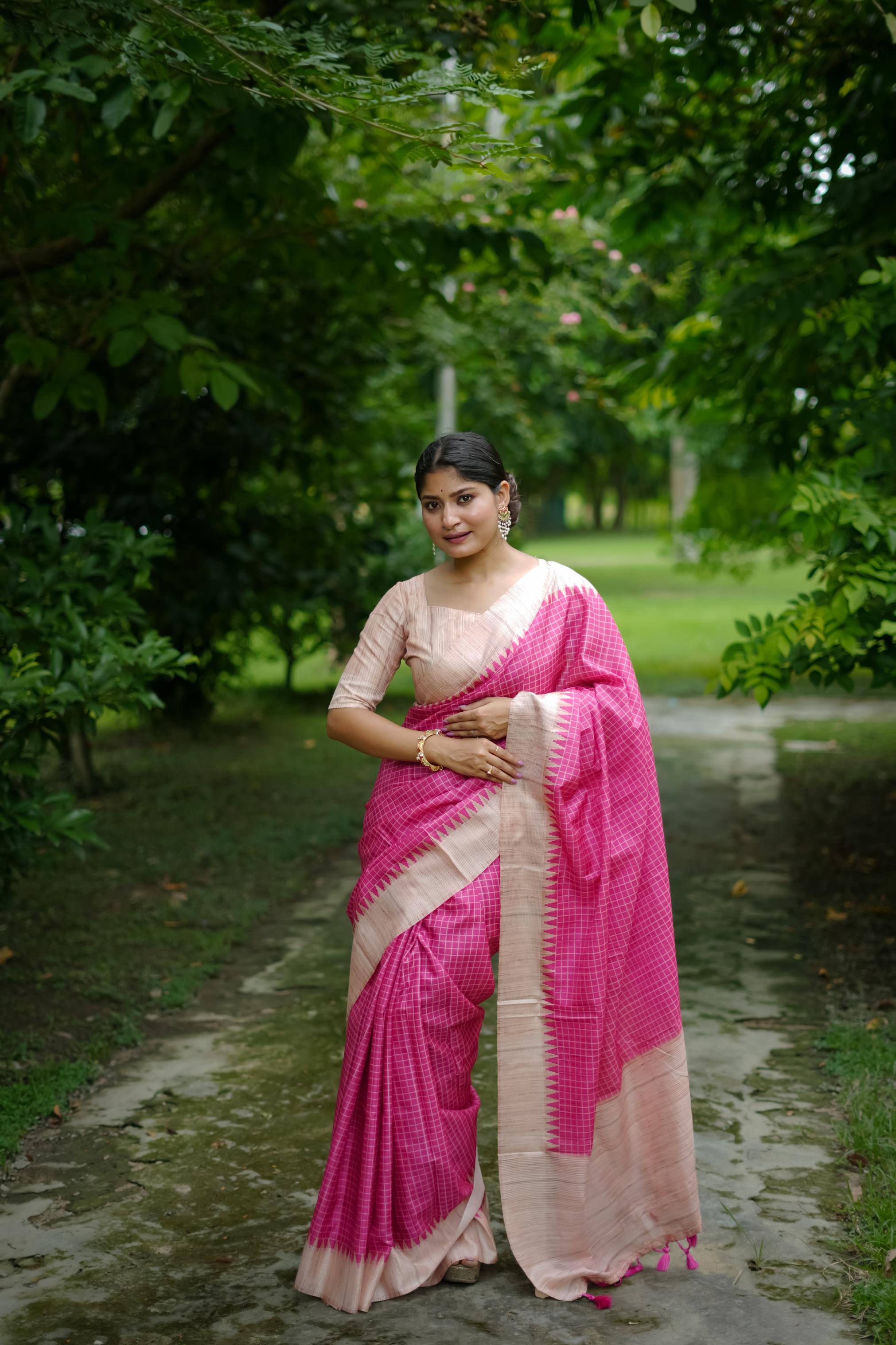 Pink Woven Kantha Designer Tussar Silk Saree With Printed Design