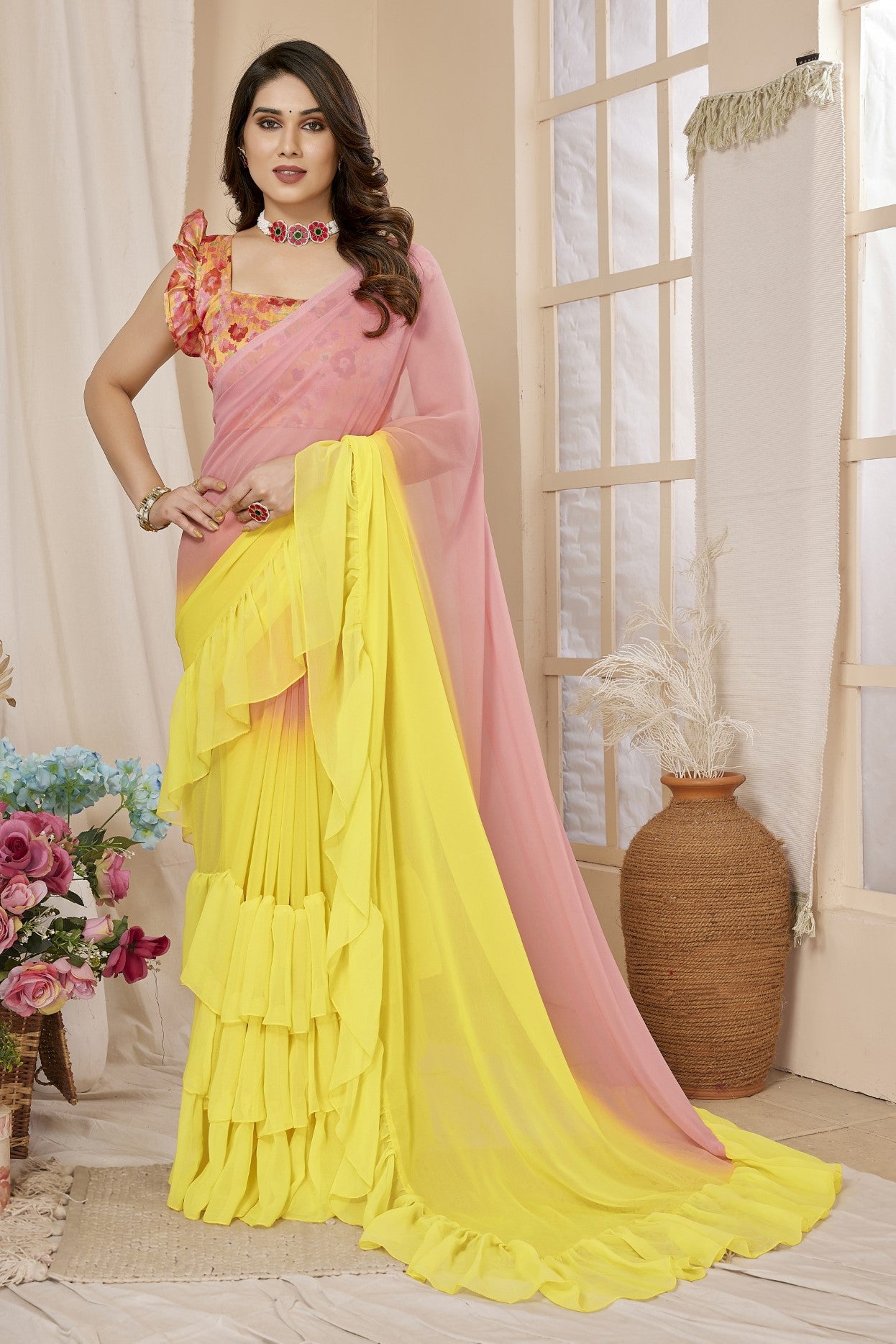 Pink Yellow Georgette Saree With Ruffle Saree With Printed Blouse