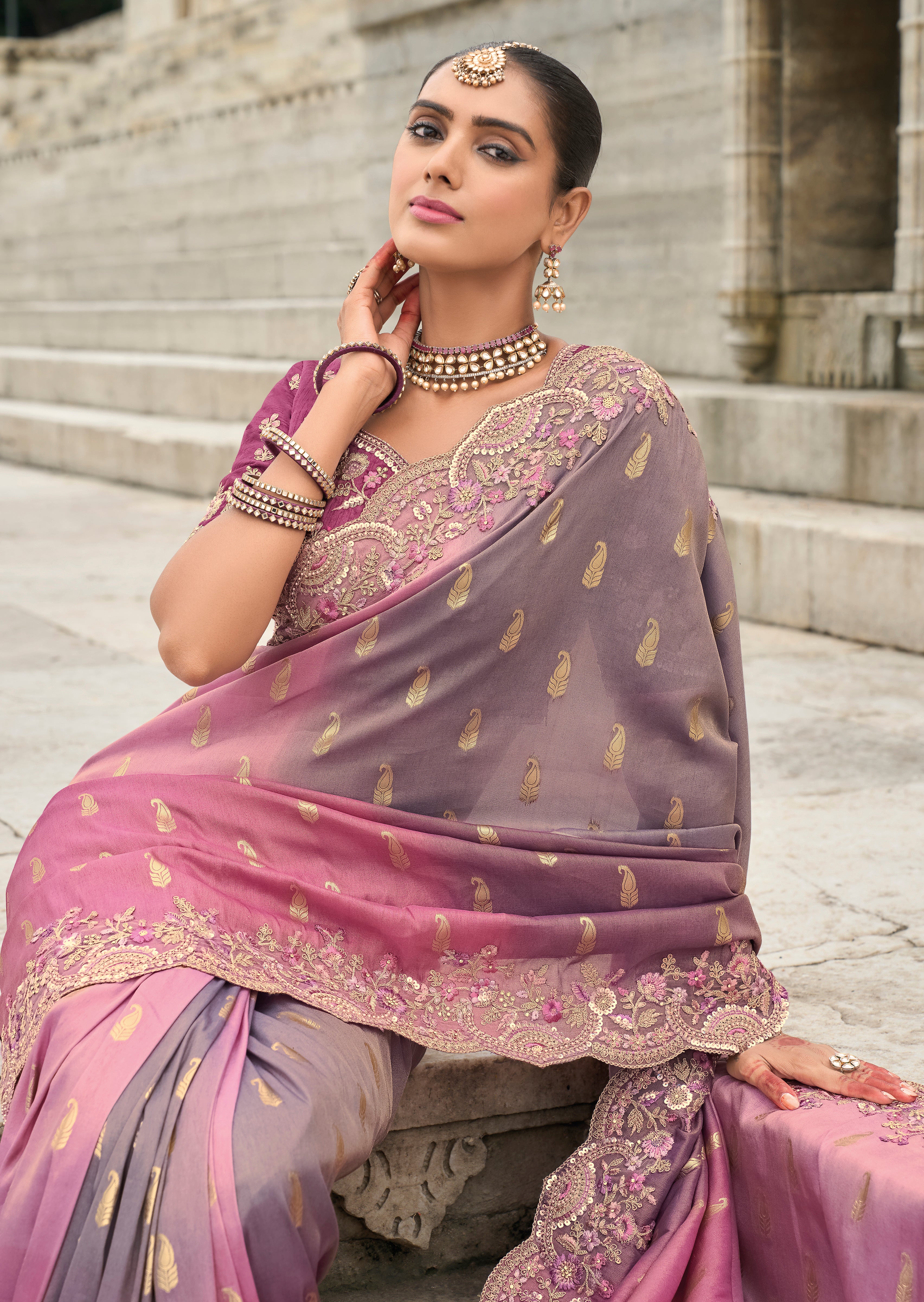 Pink & Grey Silk Saree With  Embroidery Work