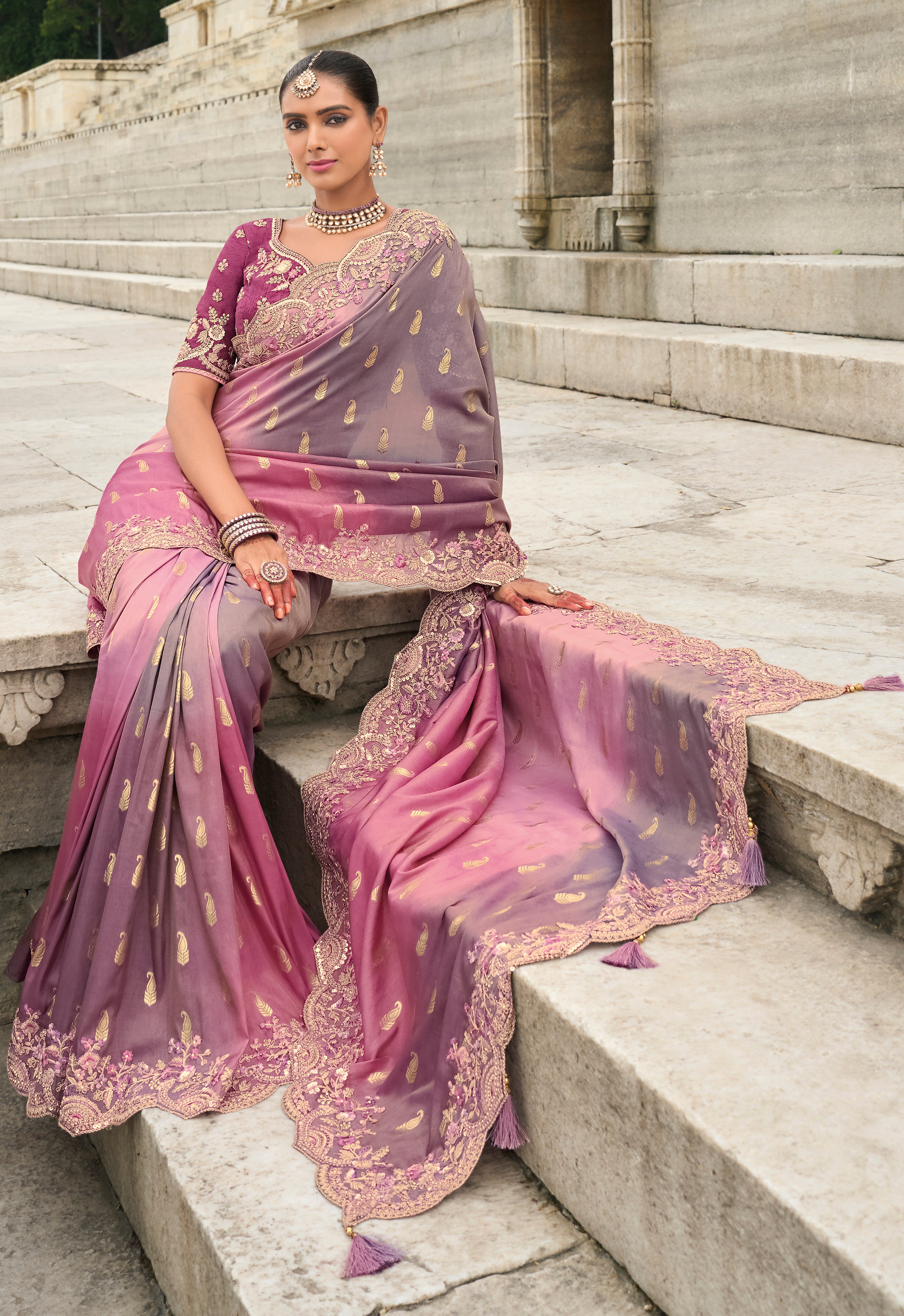 Pink & Grey Silk Saree With  Embroidery Work